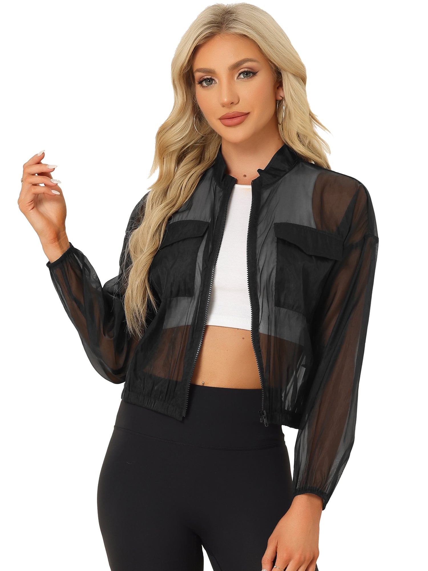 Sheer Zip Up Long Sleeve See Through Bomber Jacket