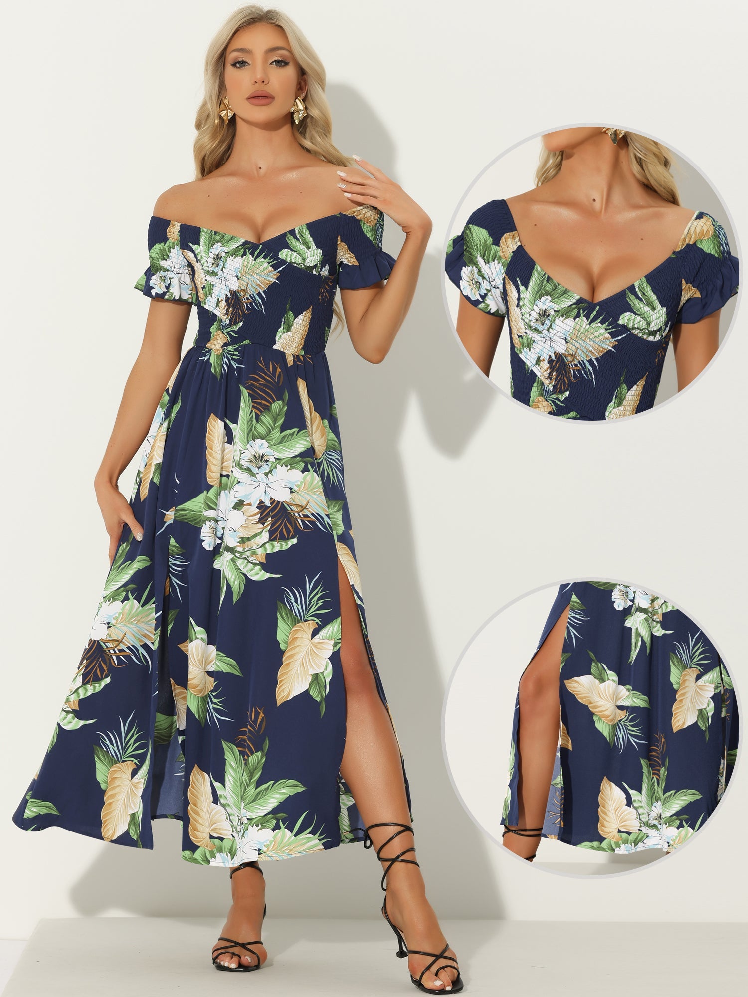 Floral Off Shoulder Midi Beach Summer Vacation Dress