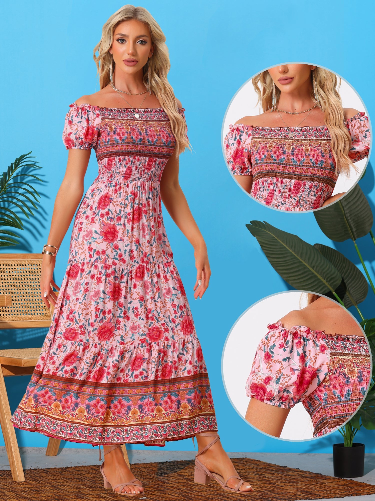 Boho Floral Off Shoulder Puff Sleeves Maxi Smocked Dress