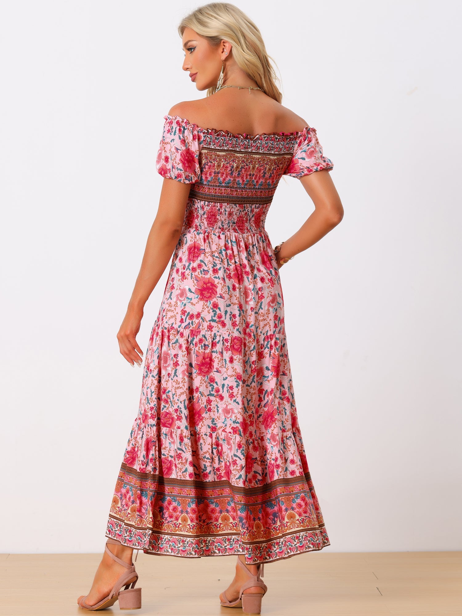 Boho Floral Off Shoulder Puff Sleeves Maxi Smocked Dress