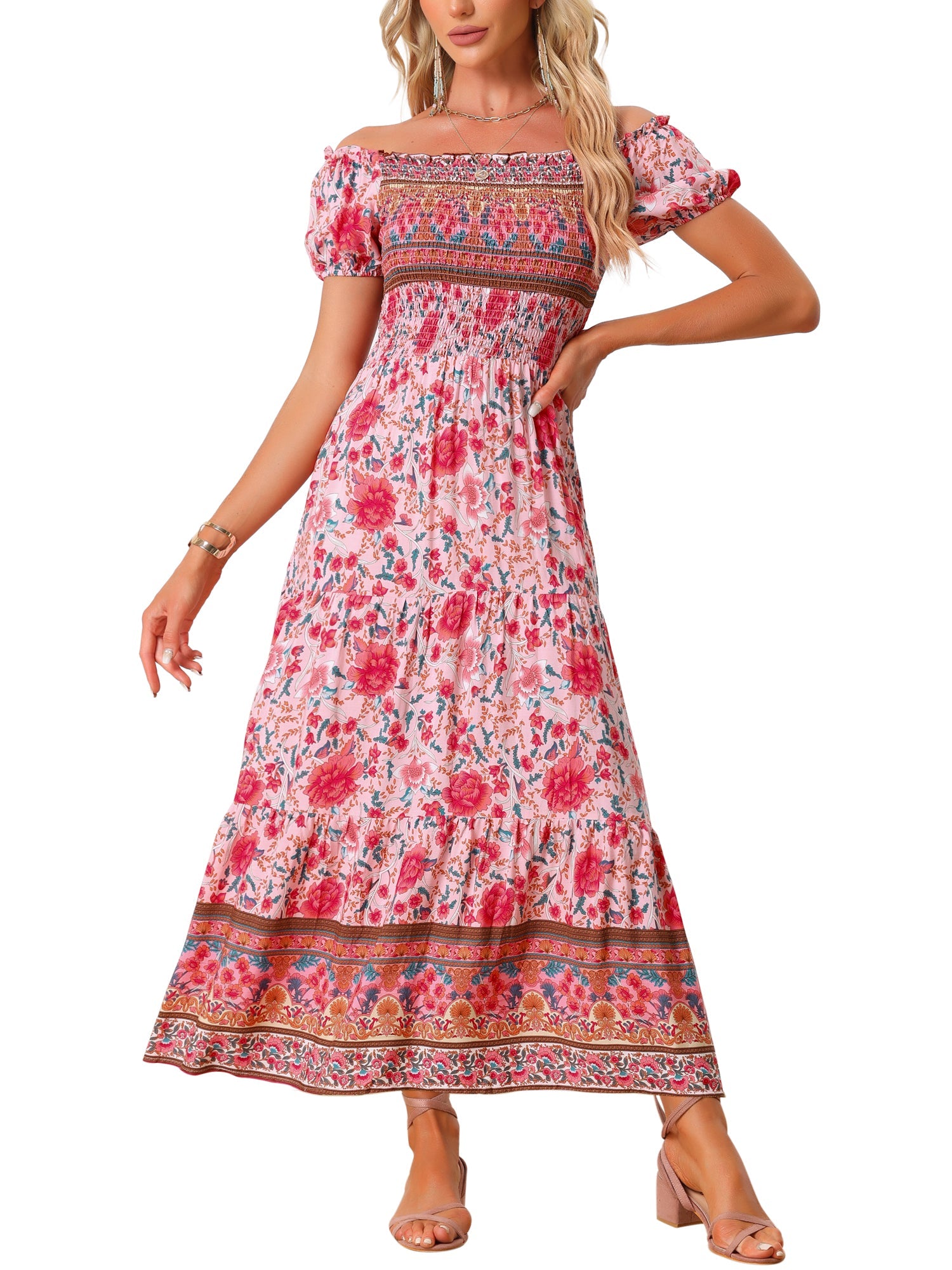 Boho Floral Off Shoulder Puff Sleeves Maxi Smocked Dress