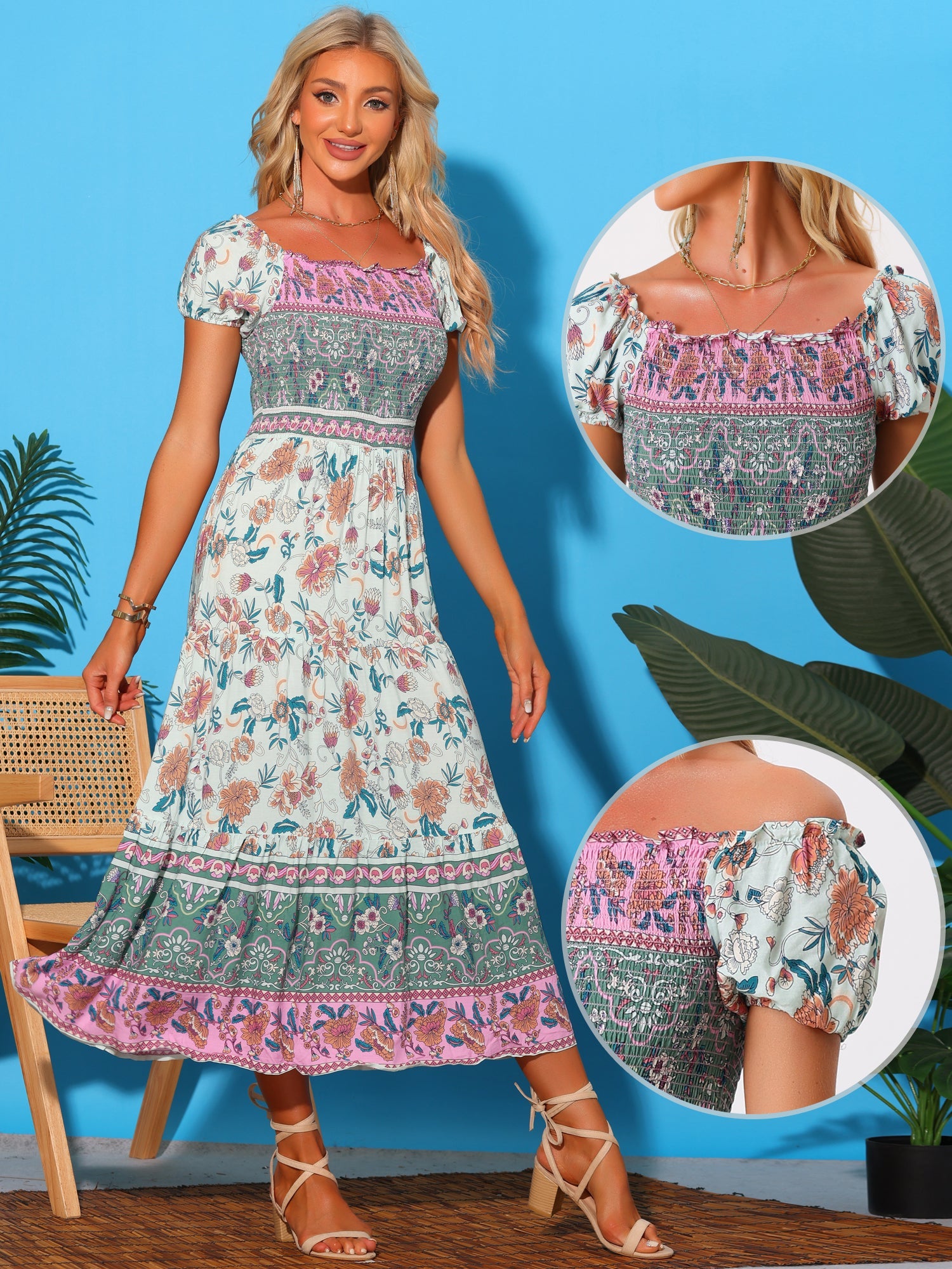 Boho Floral Off Shoulder Puff Sleeves Maxi Smocked Dress