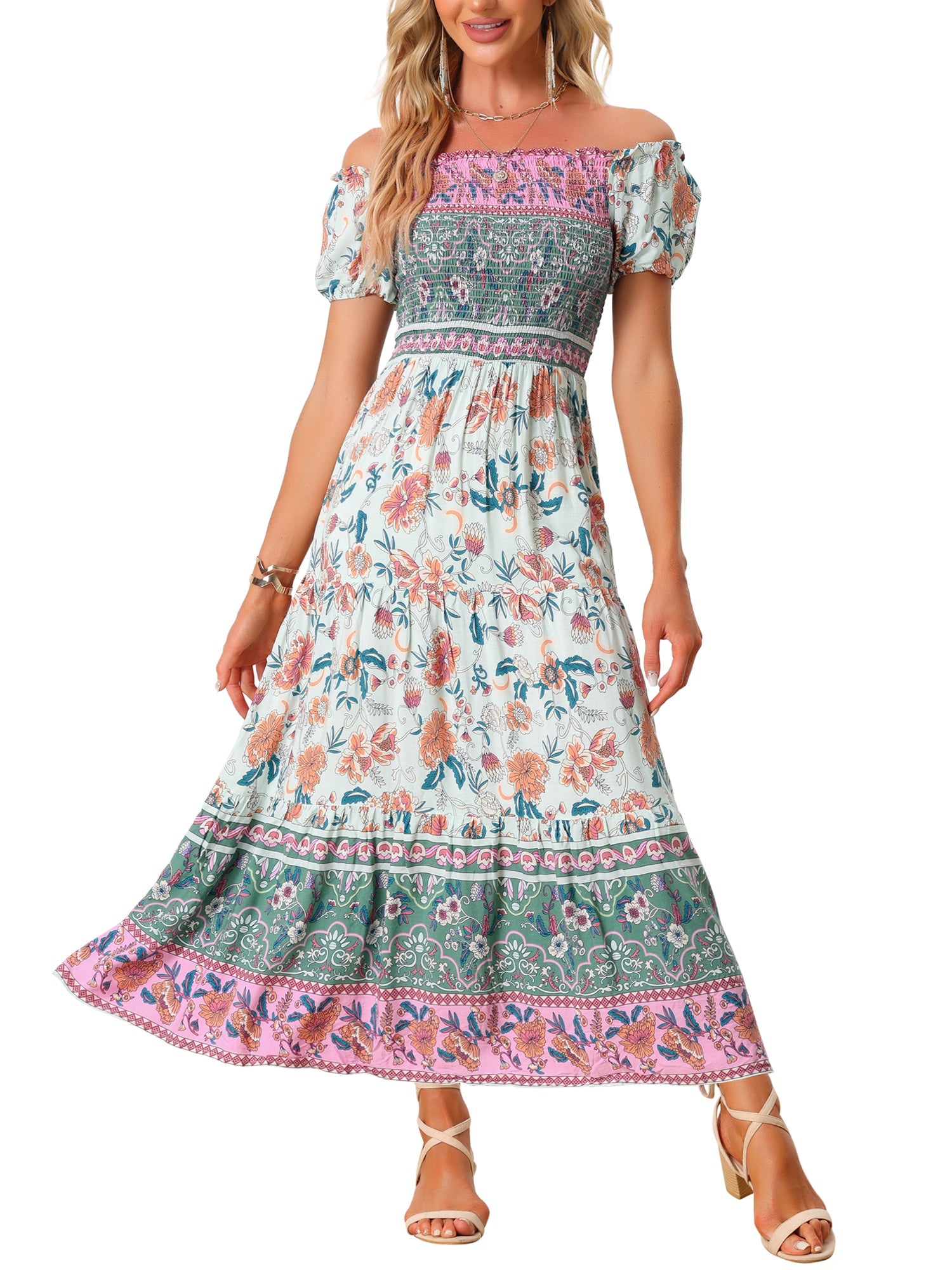 Boho Floral Off Shoulder Puff Sleeves Maxi Smocked Dress