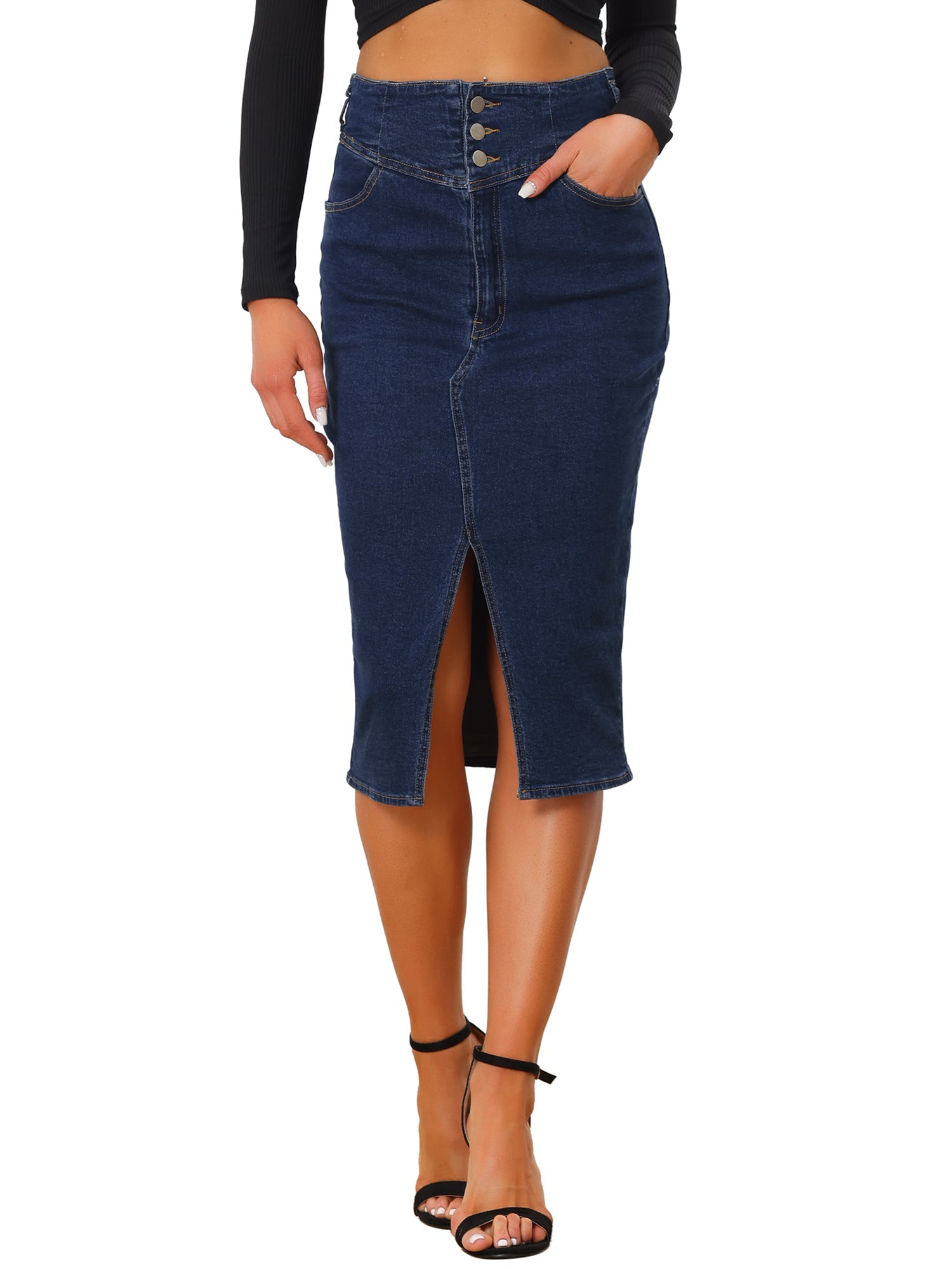 Casual Denim High Waist Split Hem Pencil Jean Midi Skirt