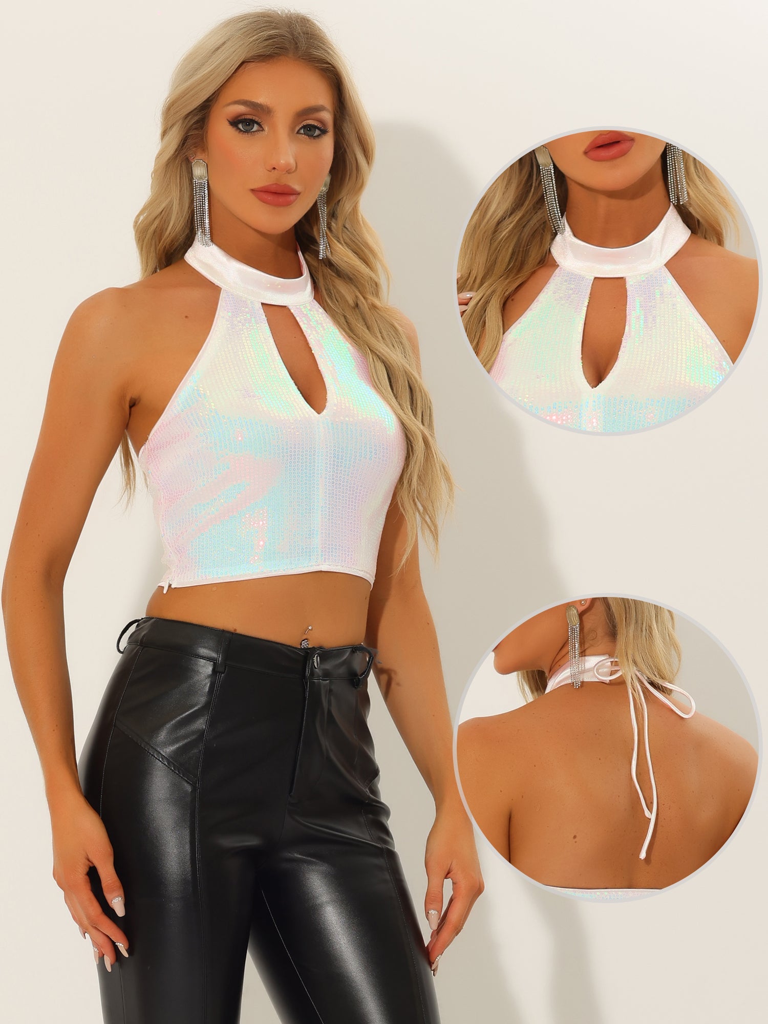 Sequin Halter Neck Sleeveless Cutout Shiny Party Crop Top