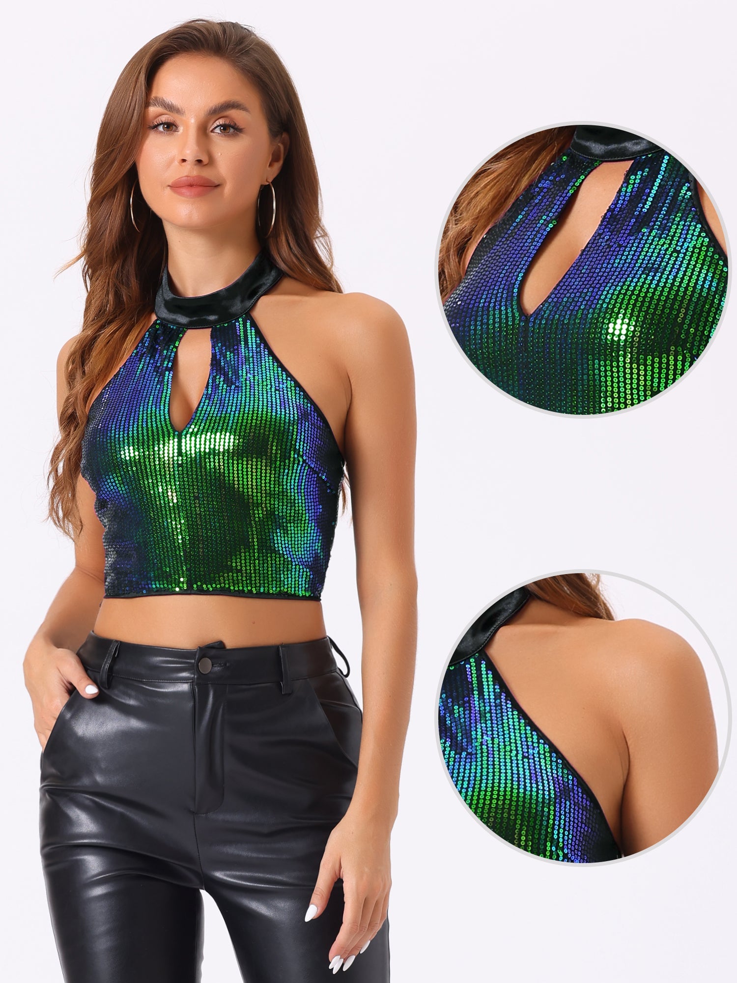 Sequin Halter Neck Sleeveless Cutout Shiny Party Crop Top