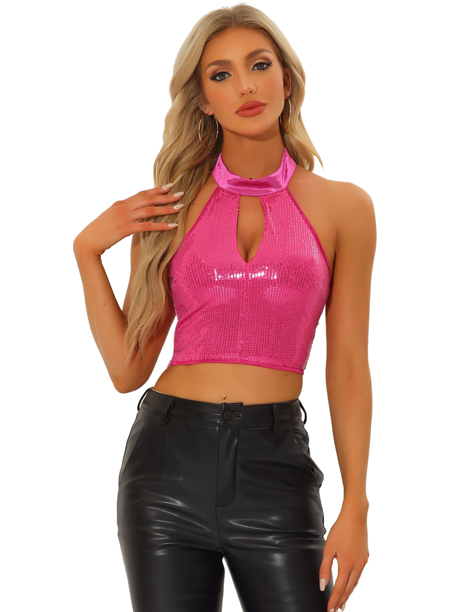Sequin Halter Neck Sleeveless Cutout Shiny Party Crop Top