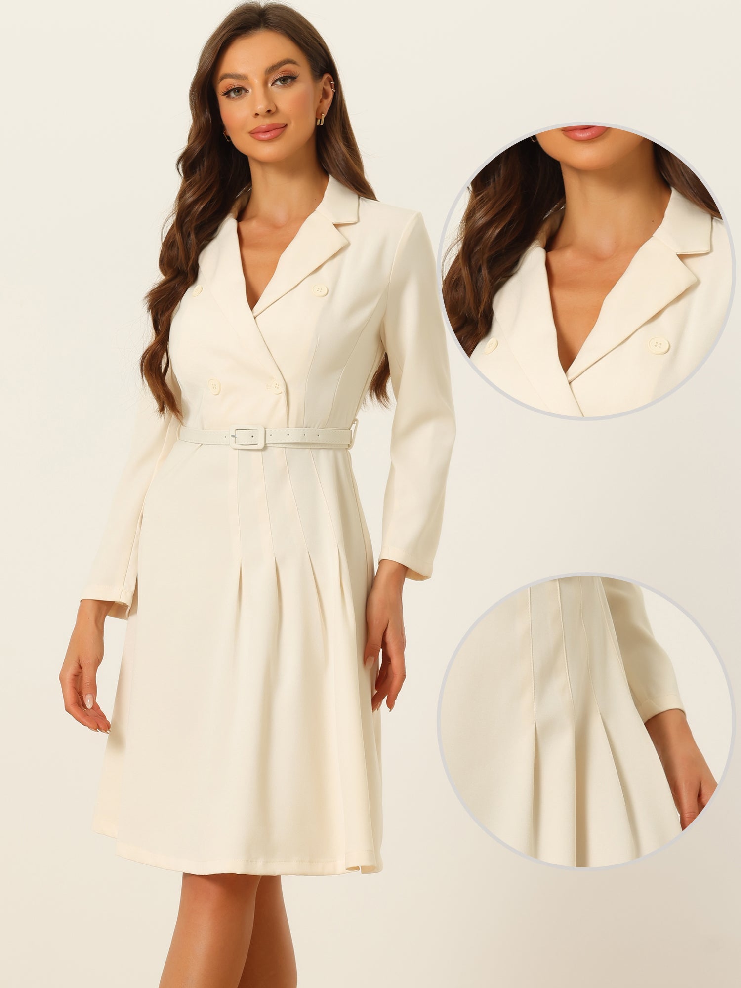 Work Elegant Notched Collar Belted Pleated Button Blazer Dress