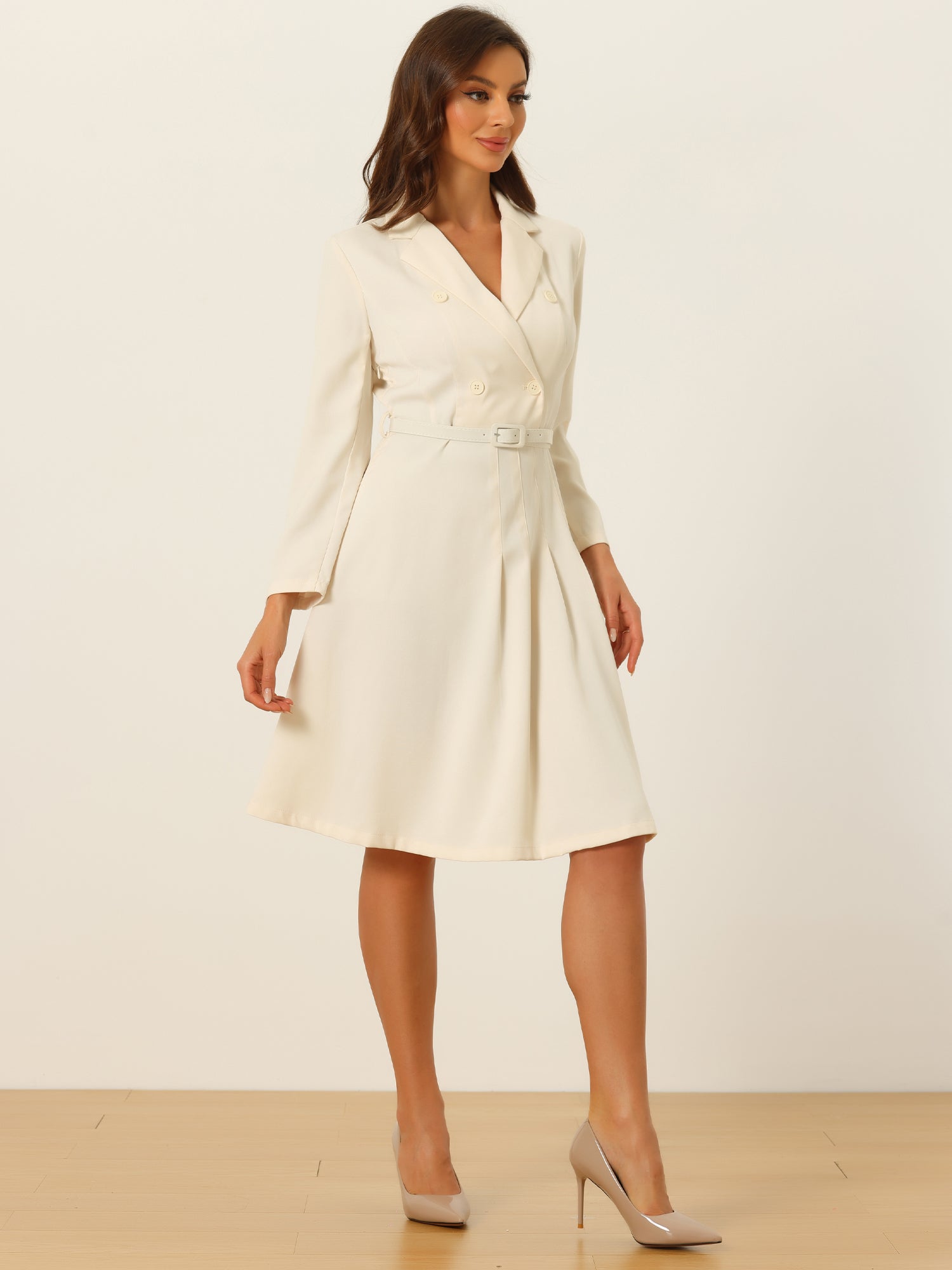 Work Elegant Notched Collar Belted Pleated Button Blazer Dress