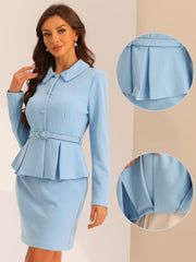 2pc Business Suits Belted Peplum Blazer Jacket and Pencil Skirt Sets