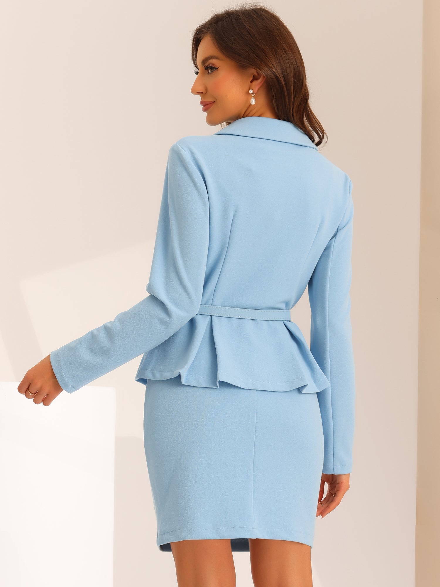 2pc Business Suits Belted Peplum Blazer Jacket and Pencil Skirt Sets
