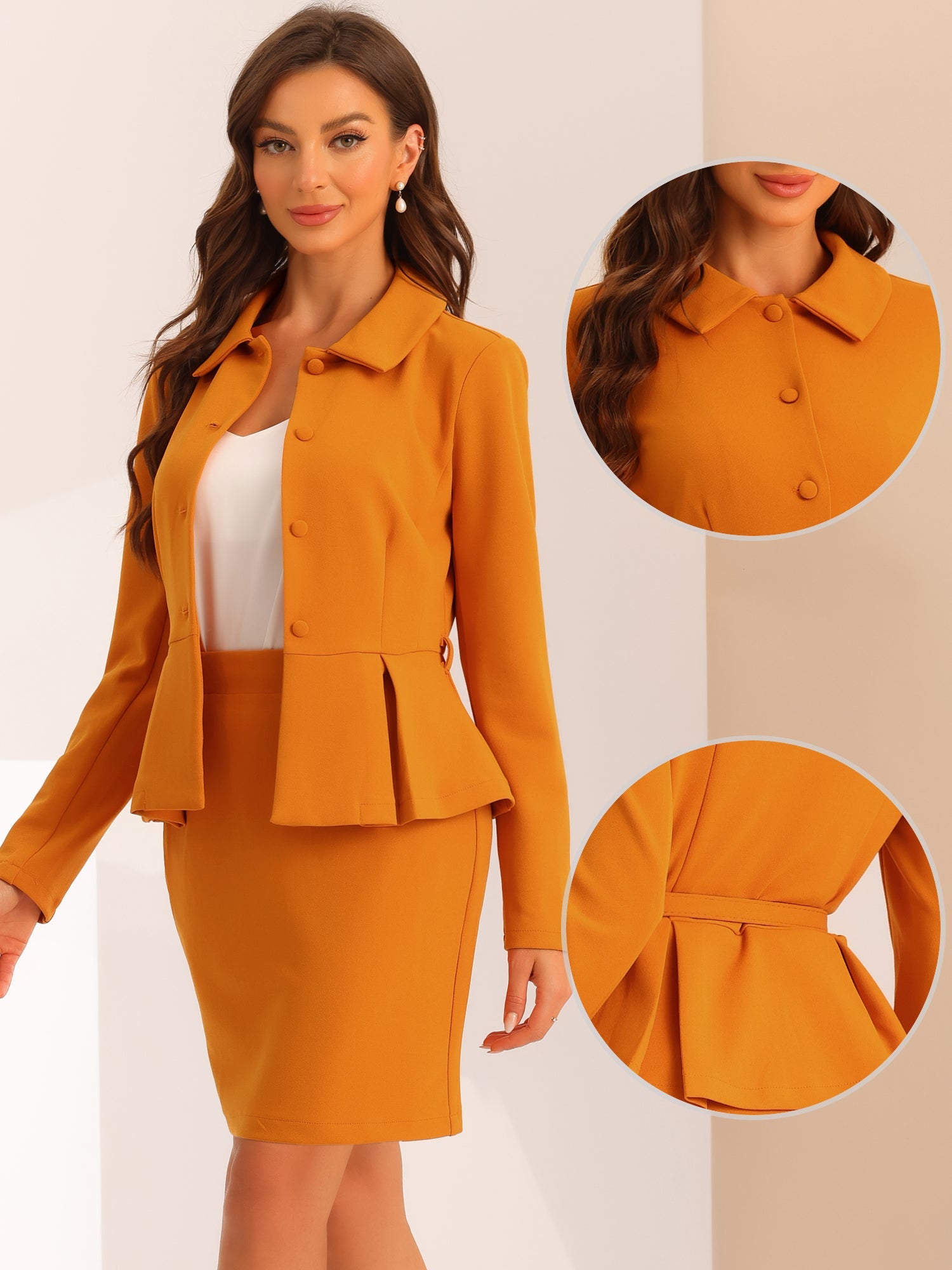 2pc Business Suits Belted Peplum Blazer Jacket and Pencil Skirt Sets