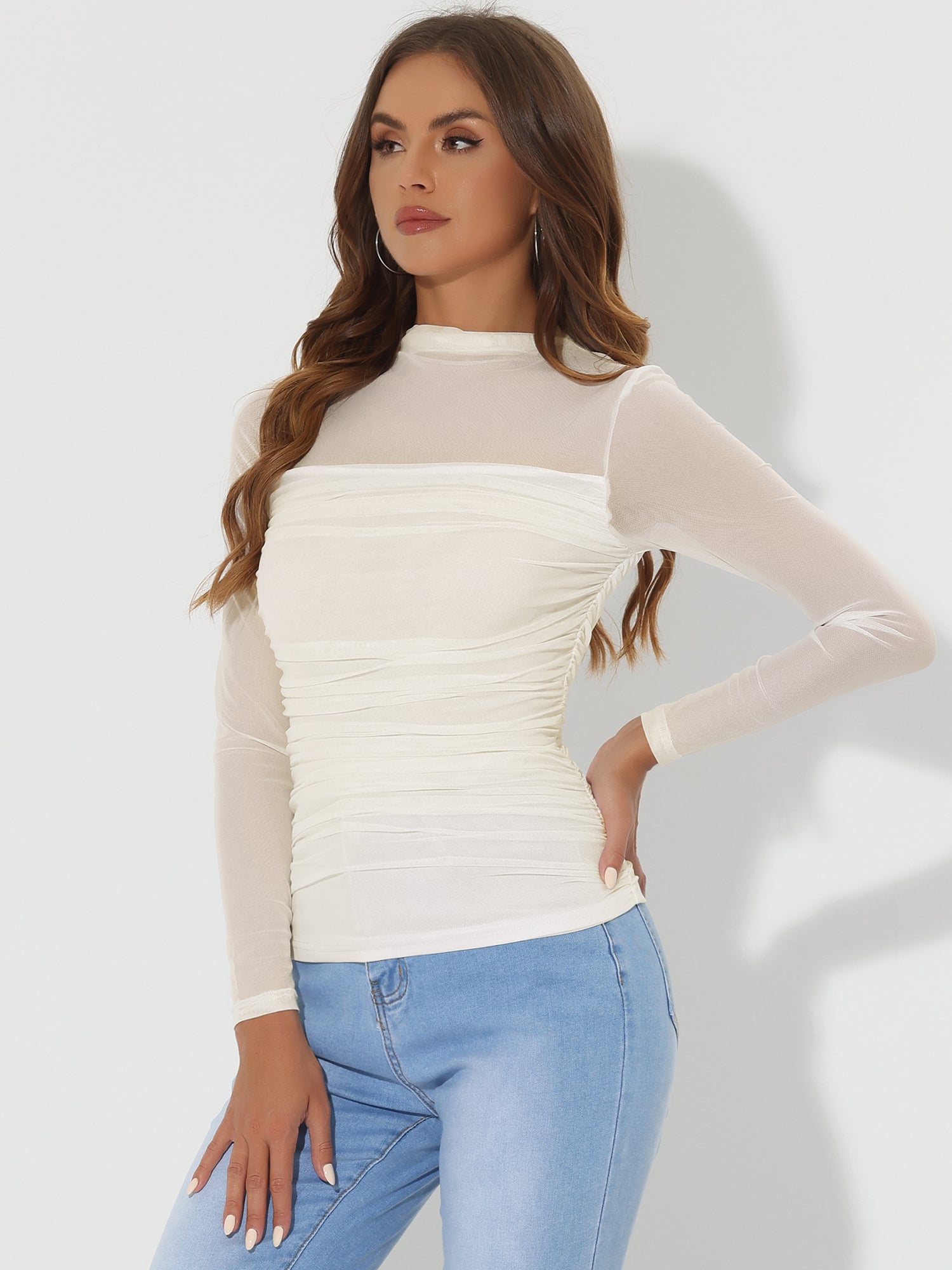 Mesh Solid Long Sleeve Mock Neck Sheer Panel Side Shirring Top