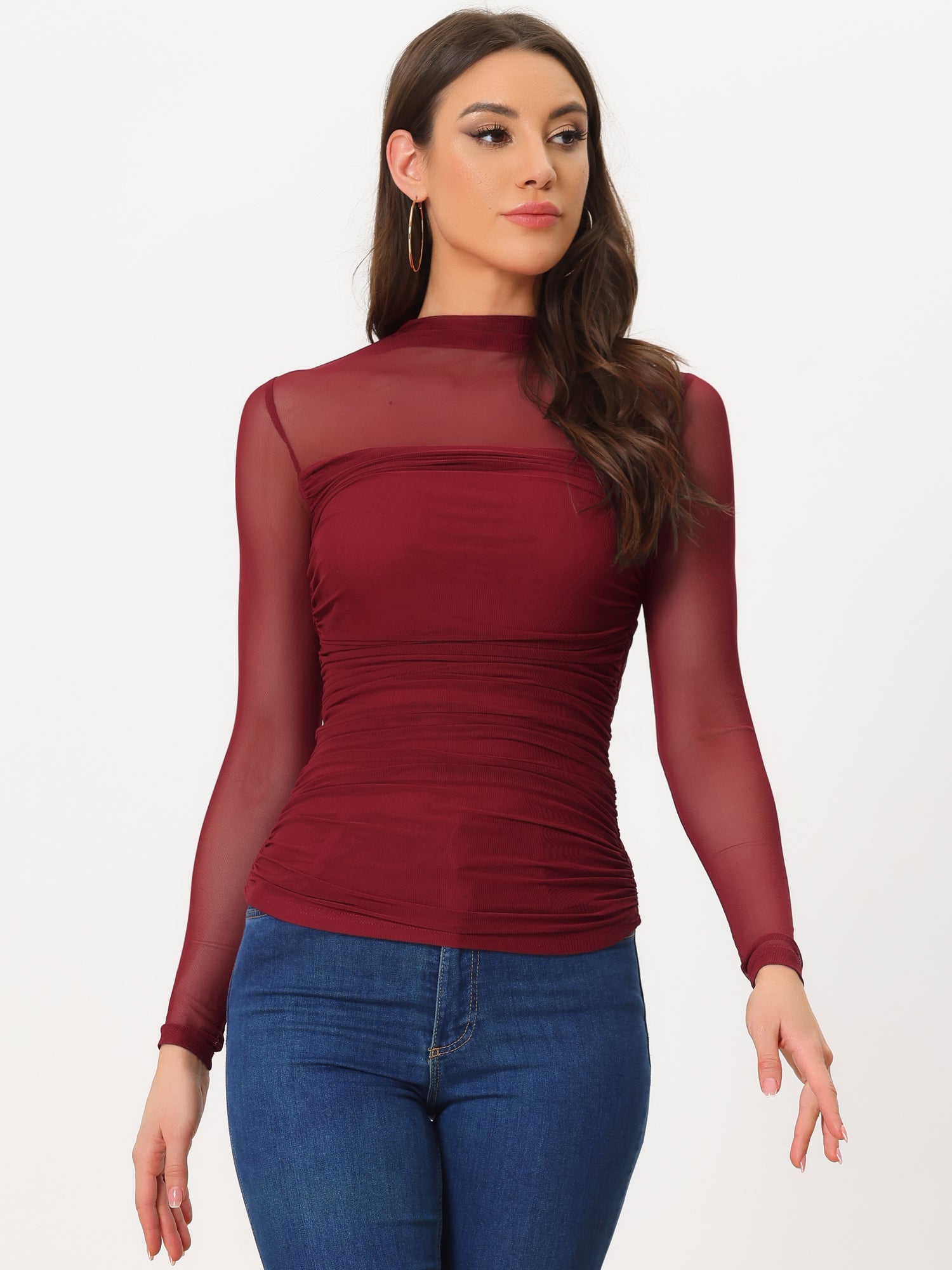 Mesh Solid Long Sleeve Mock Neck Sheer Panel Side Shirring Top