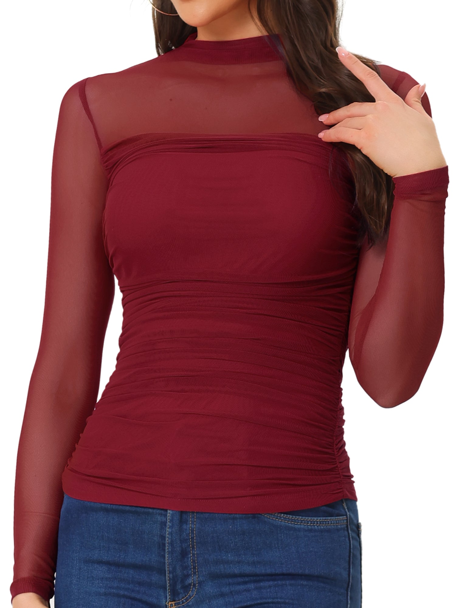 Mesh Solid Long Sleeve Mock Neck Sheer Panel Side Shirring Top