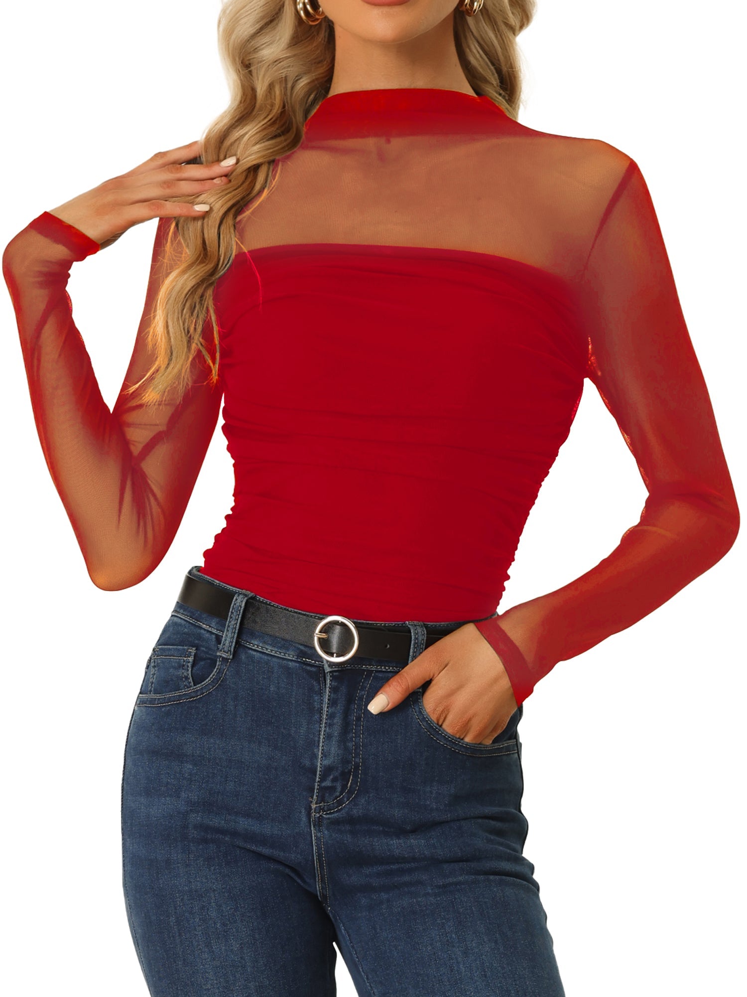 Mesh Solid Long Sleeve Mock Neck Sheer Panel Side Shirring Top