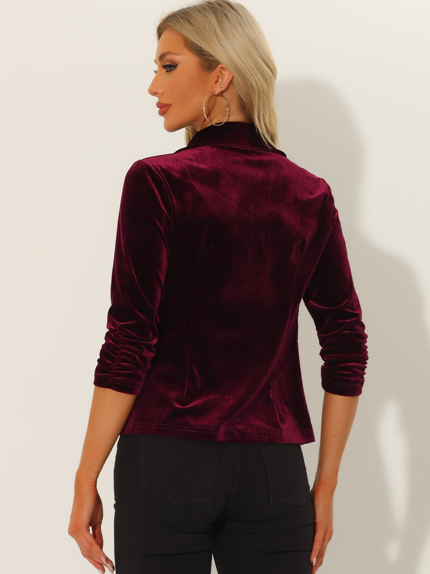 Lapel Collar Velvet Solid Office Work Open Front Blazer