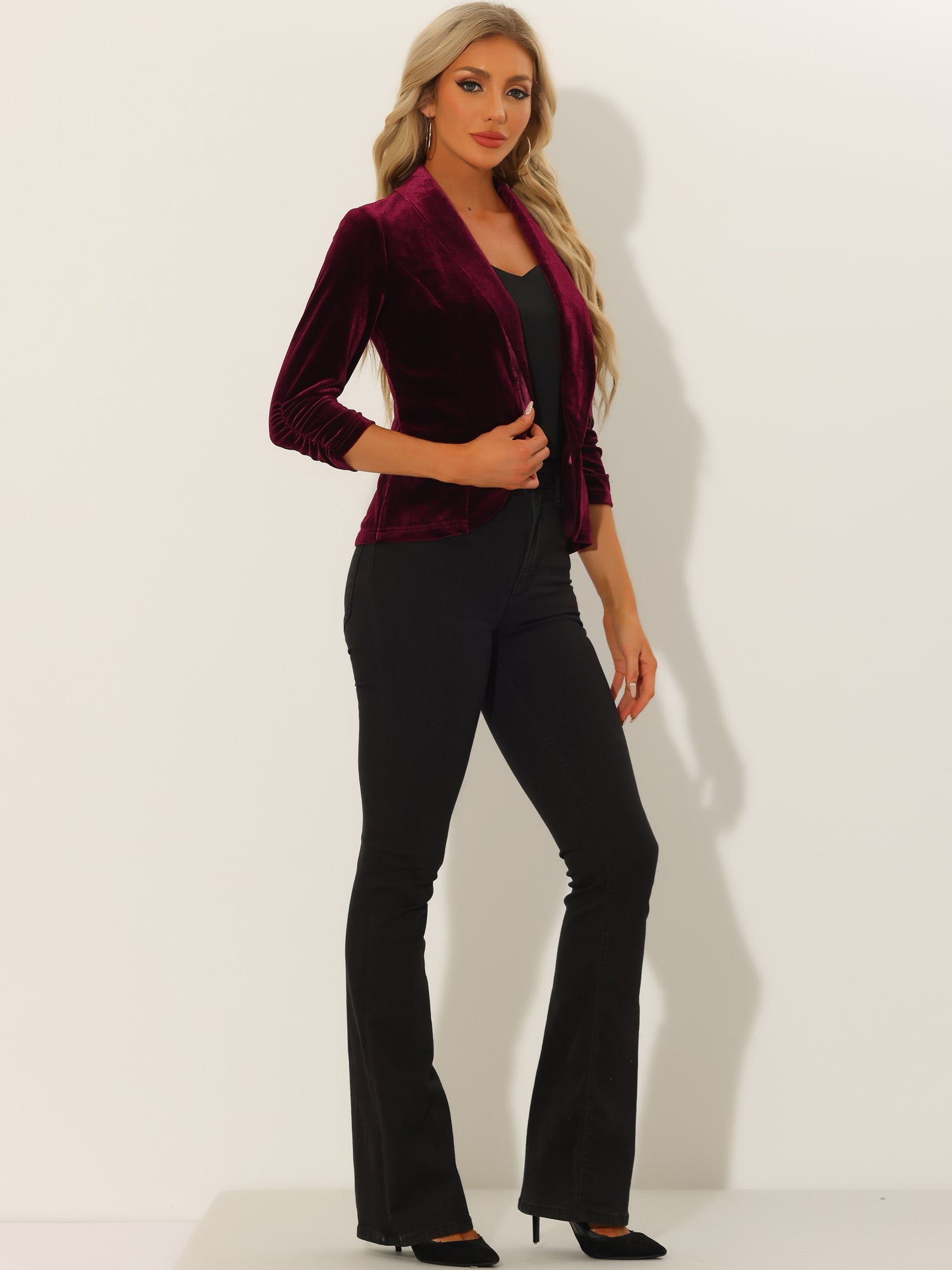 Lapel Collar Velvet Solid Office Work Open Front Blazer