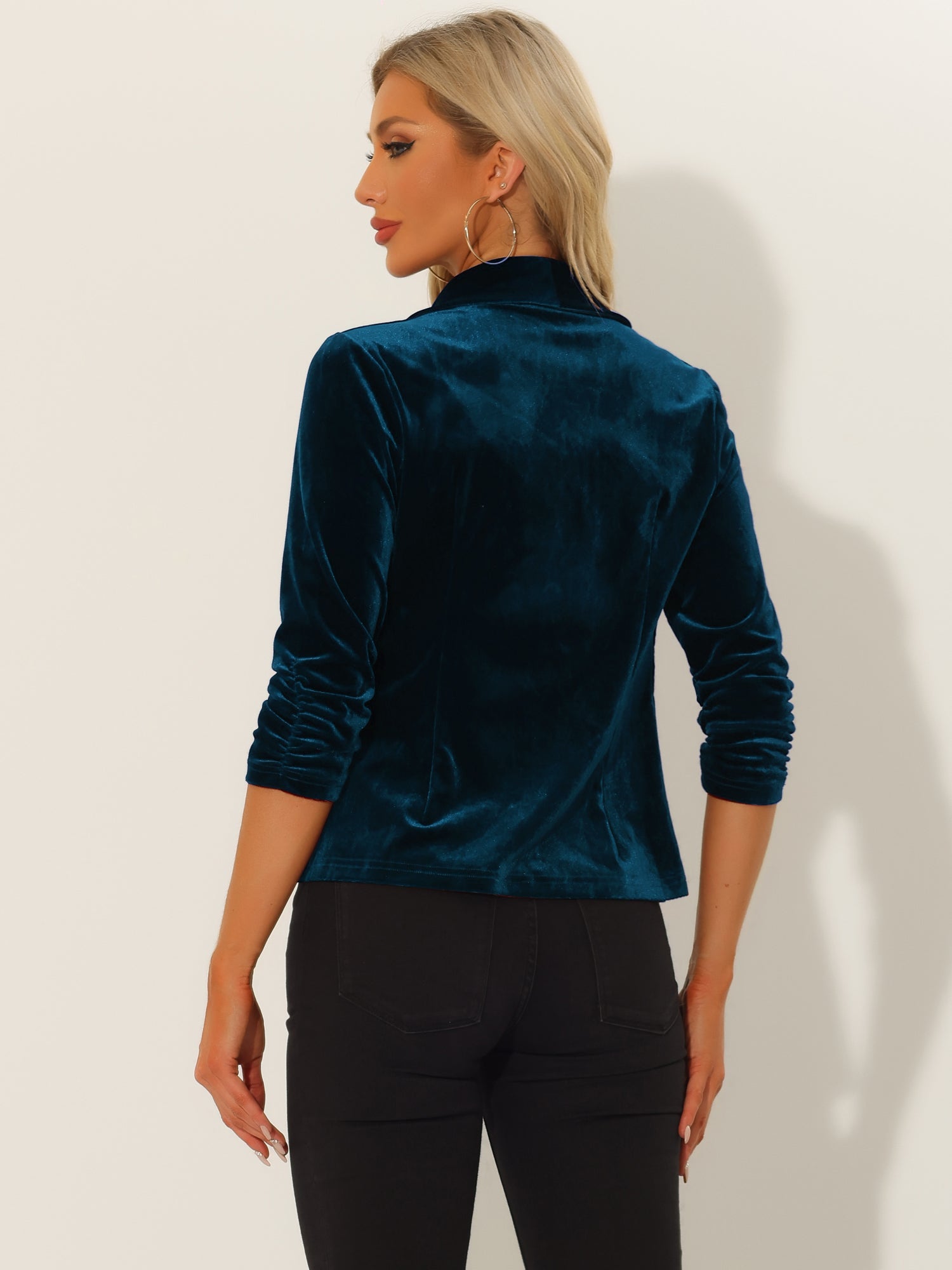 Lapel Collar Velvet Solid Office Work Open Front Blazer