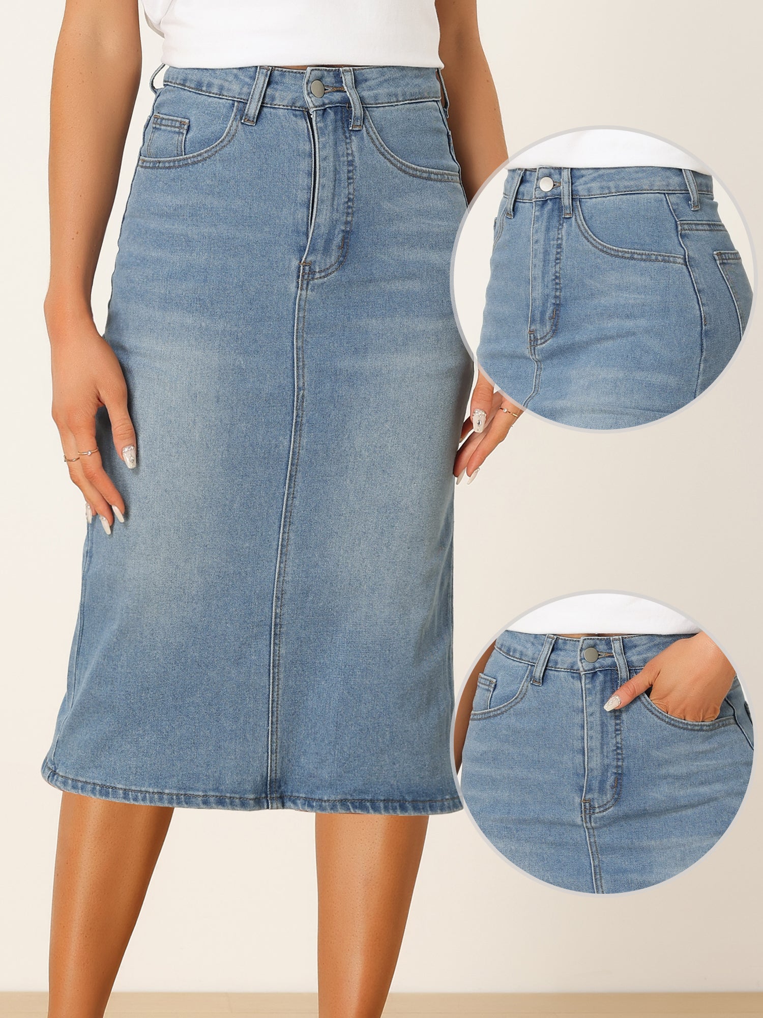 Casual Denim High Waist Stretchy Midi Pencil Jean Skirt