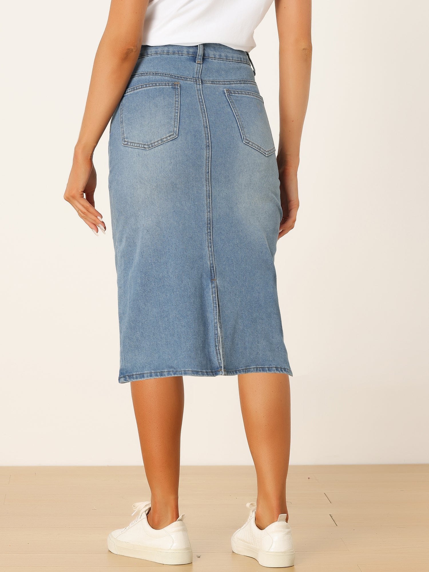 Casual Denim High Waist Stretchy Midi Pencil Jean Skirt