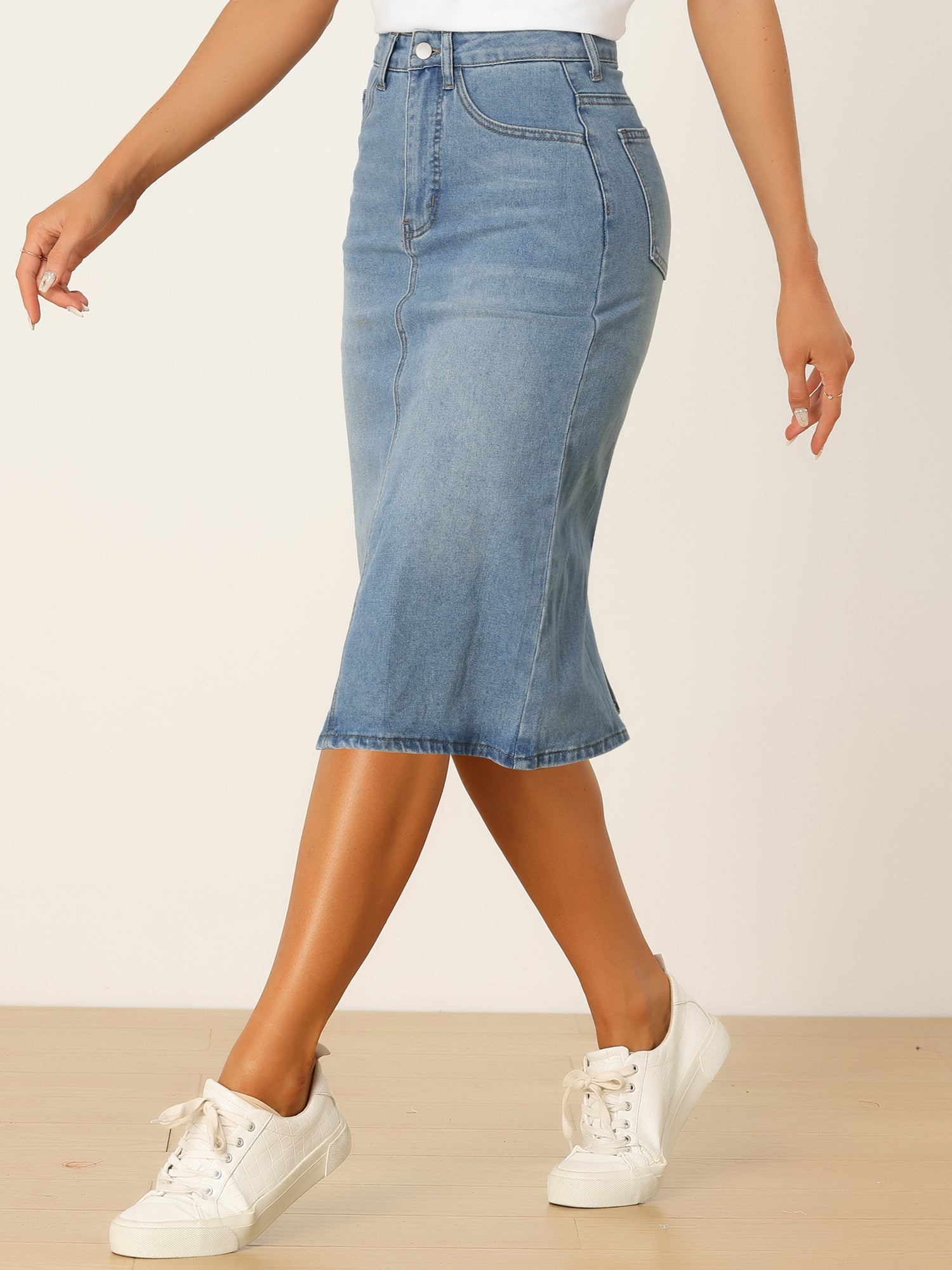 Casual Denim High Waist Stretchy Midi Pencil Jean Skirt