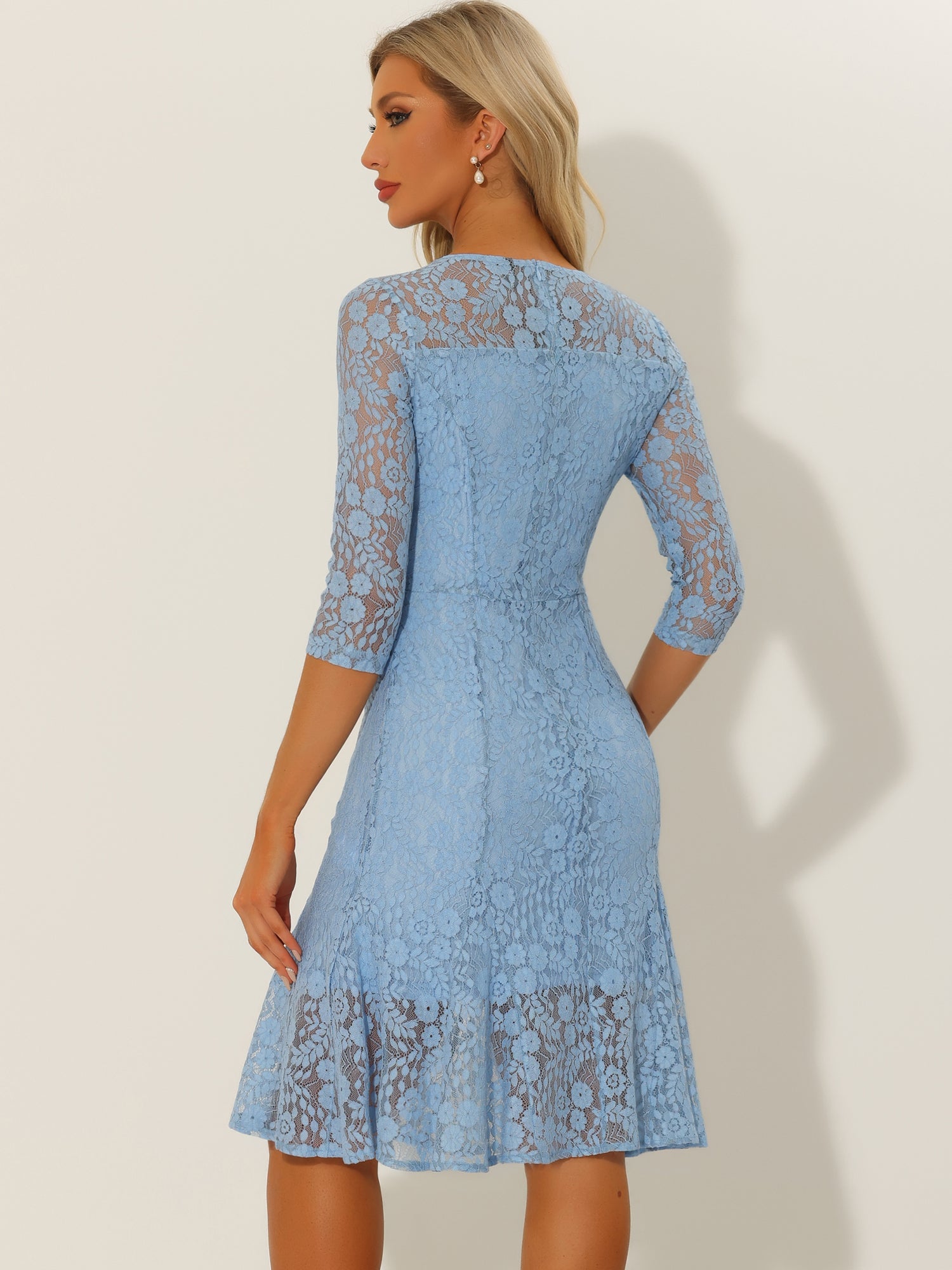 Elegant Lace 3/4 Sleeves Ruffles Bodycon Fishtail Dress