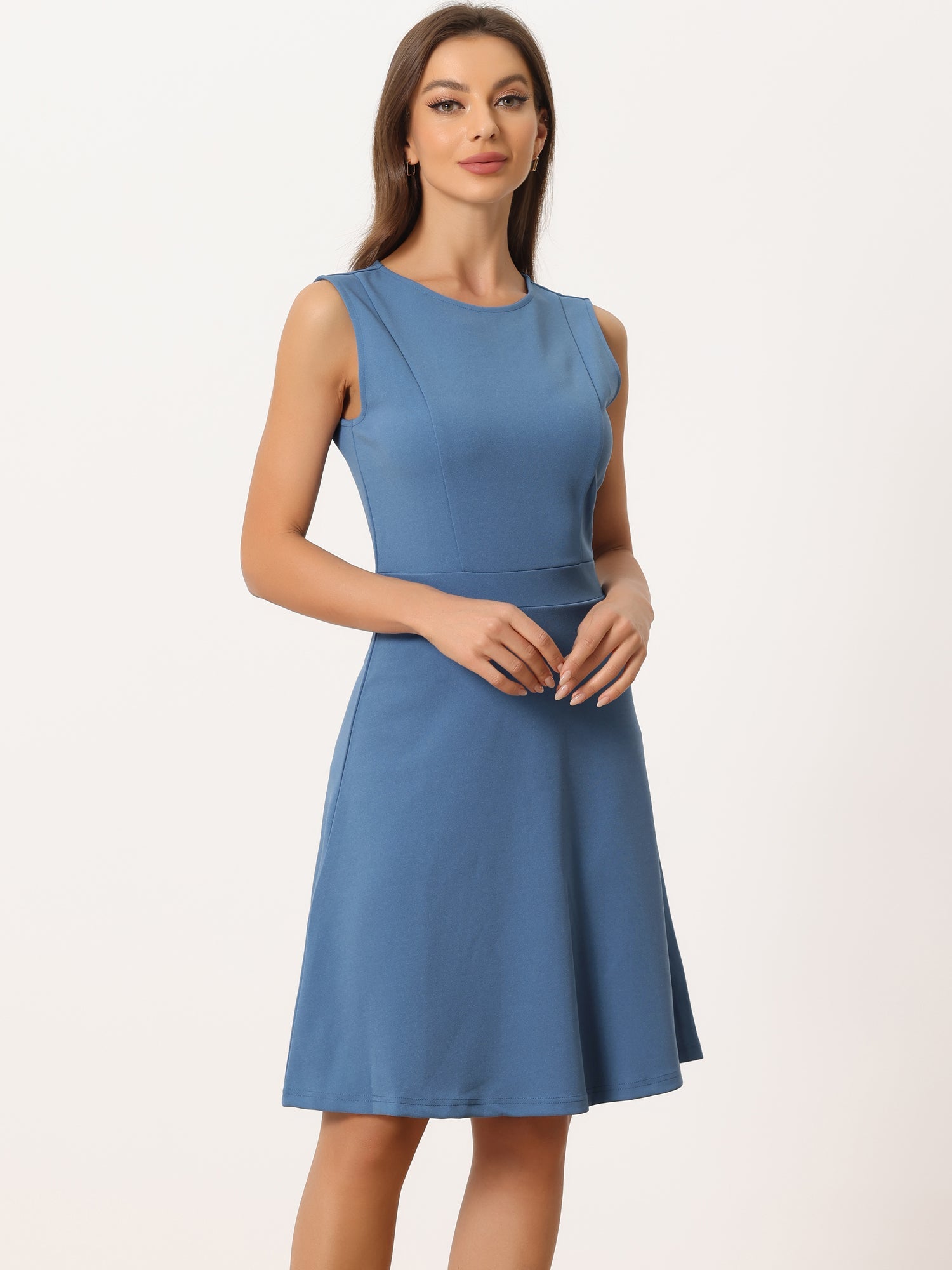 Round Neck Solid Color Sleeveless A-Line Work Midi Dress