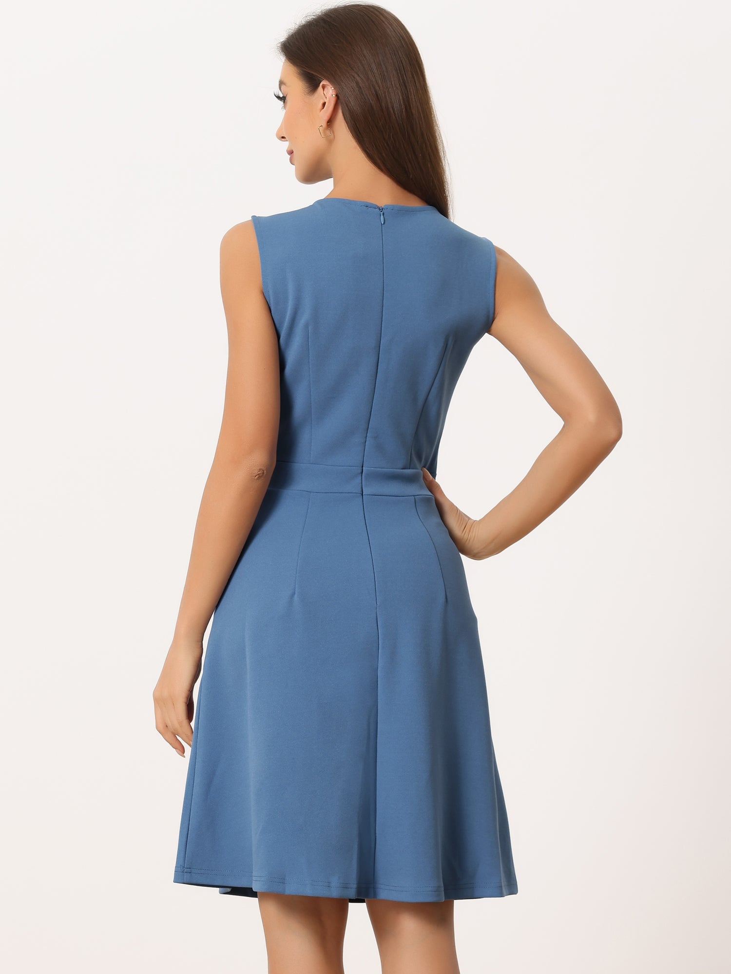 Round Neck Solid Color Sleeveless A-Line Work Midi Dress