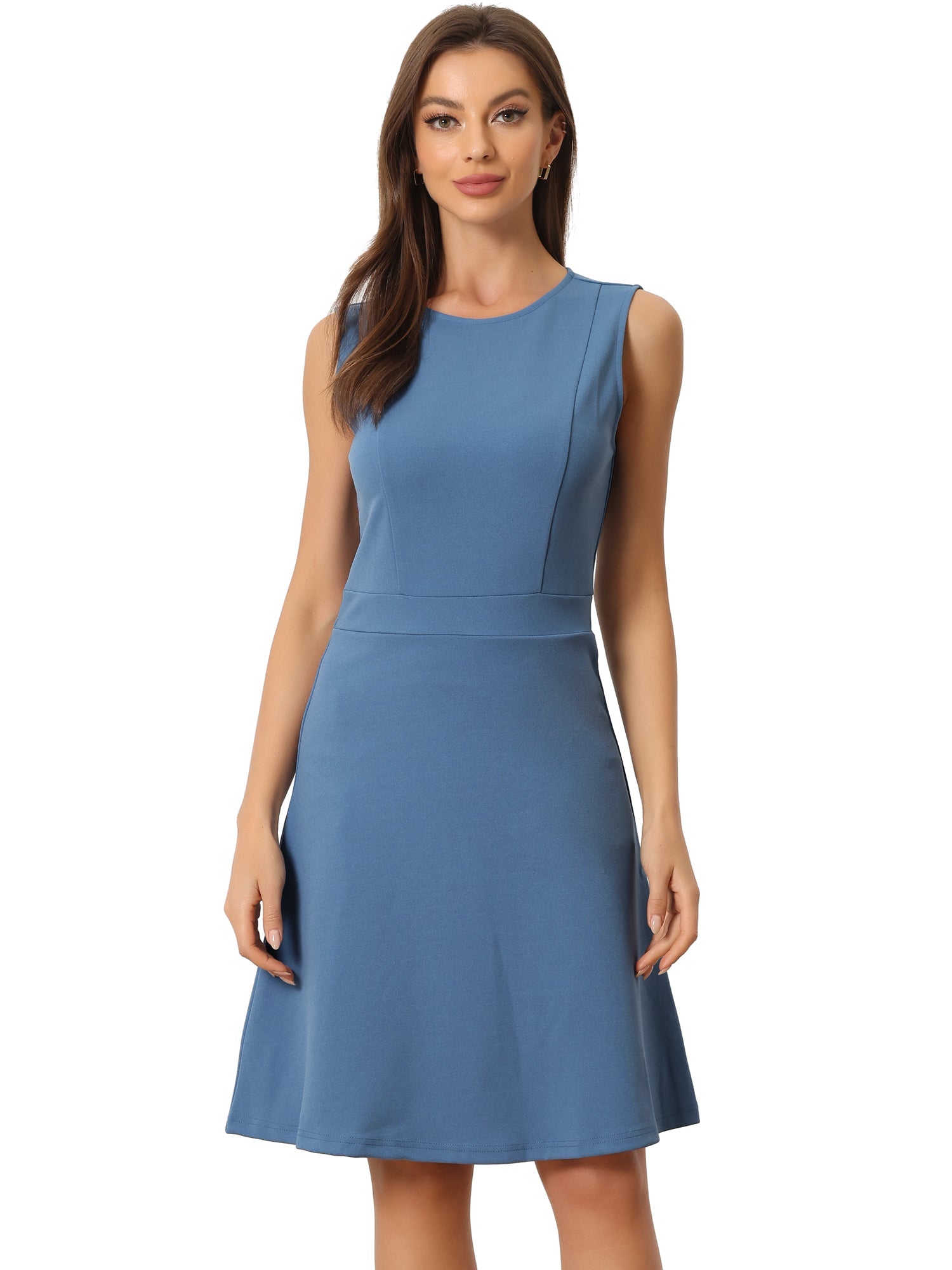 Round Neck Solid Color Sleeveless A-Line Work Midi Dress