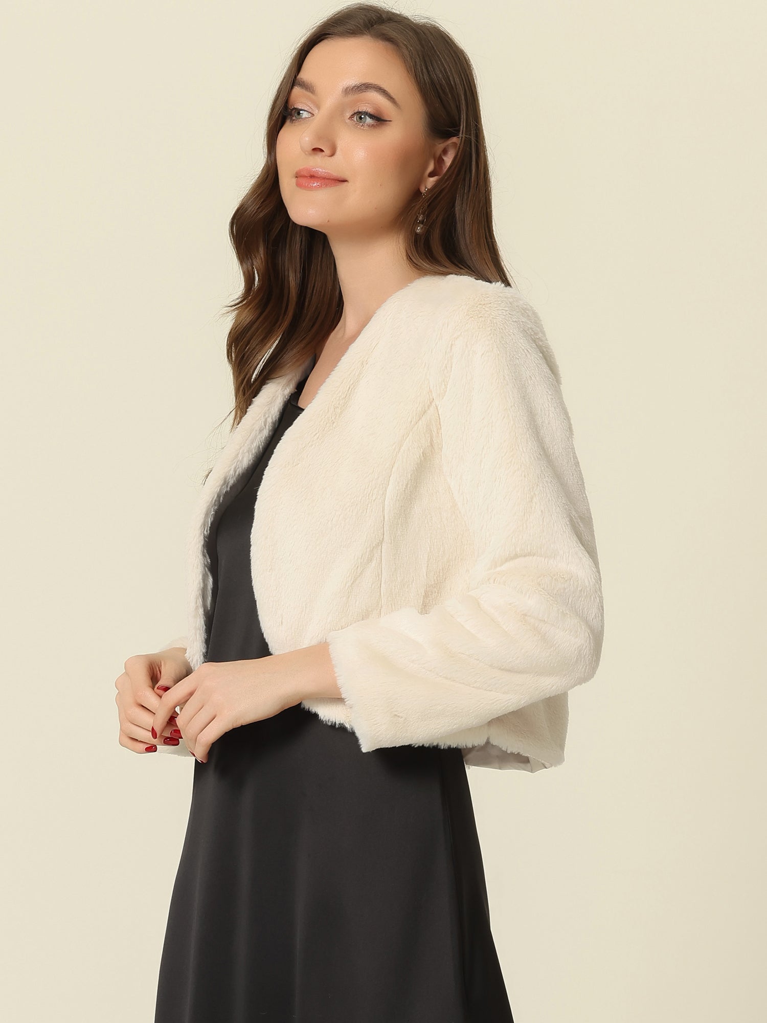 Faux Fur Long Sleeve Open Front Bolero Winter Coat Cropped Jacket
