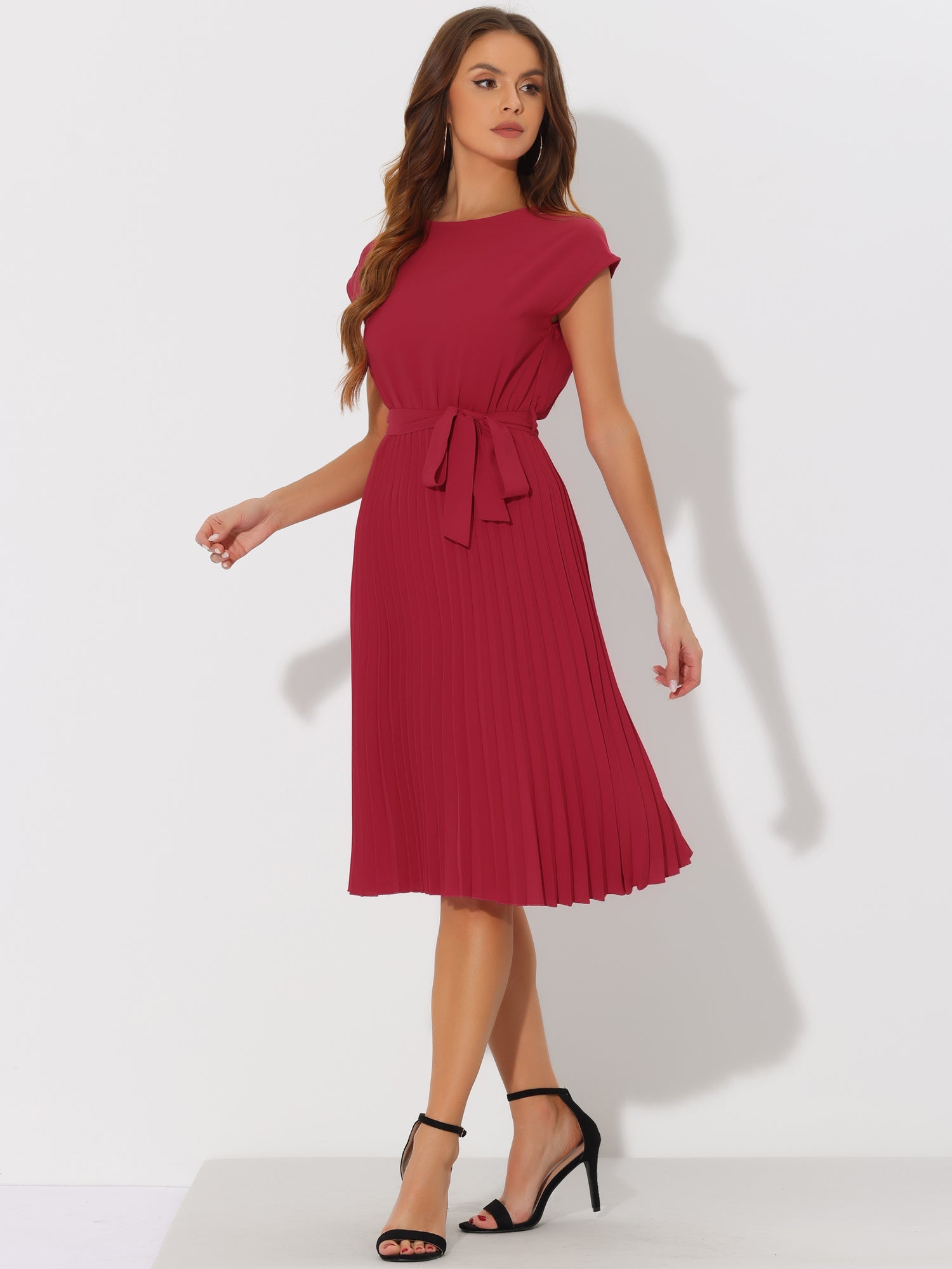 Crew Neck Sleeveless Tie Waist A-Line Pleated Dress