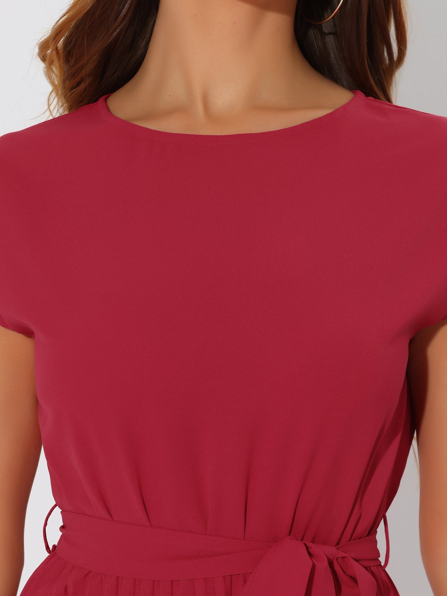 Crew Neck Sleeveless Tie Waist A-Line Pleated Dress