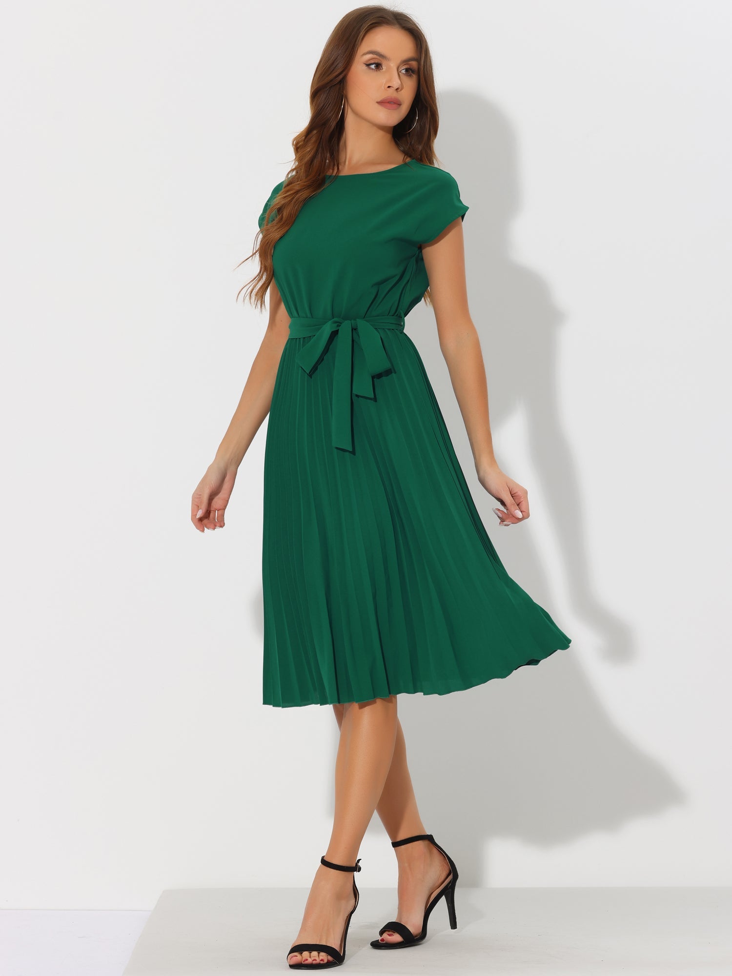 Crew Neck Sleeveless Tie Waist A-Line Pleated Dress