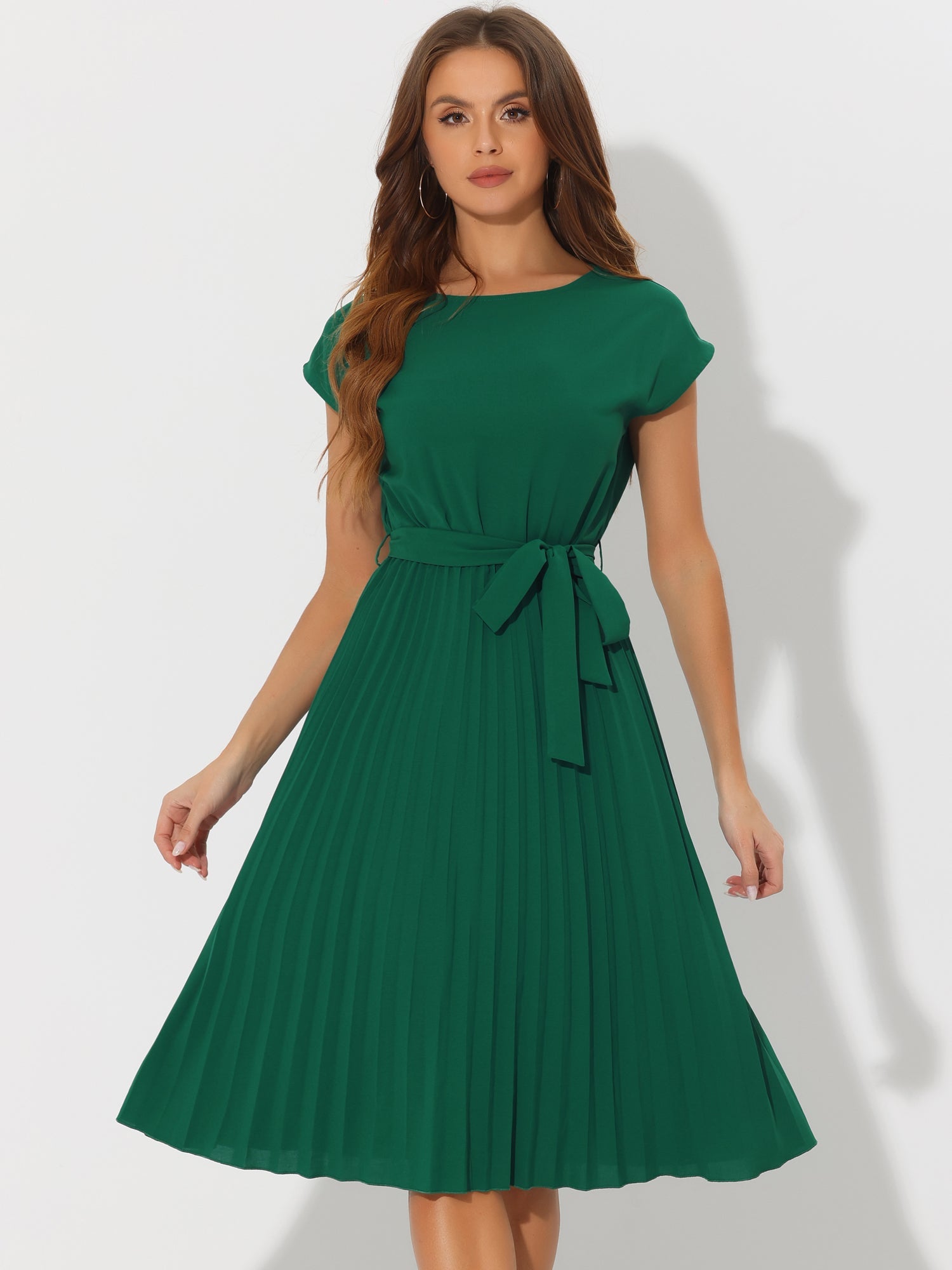 Crew Neck Sleeveless Tie Waist A-Line Pleated Dress