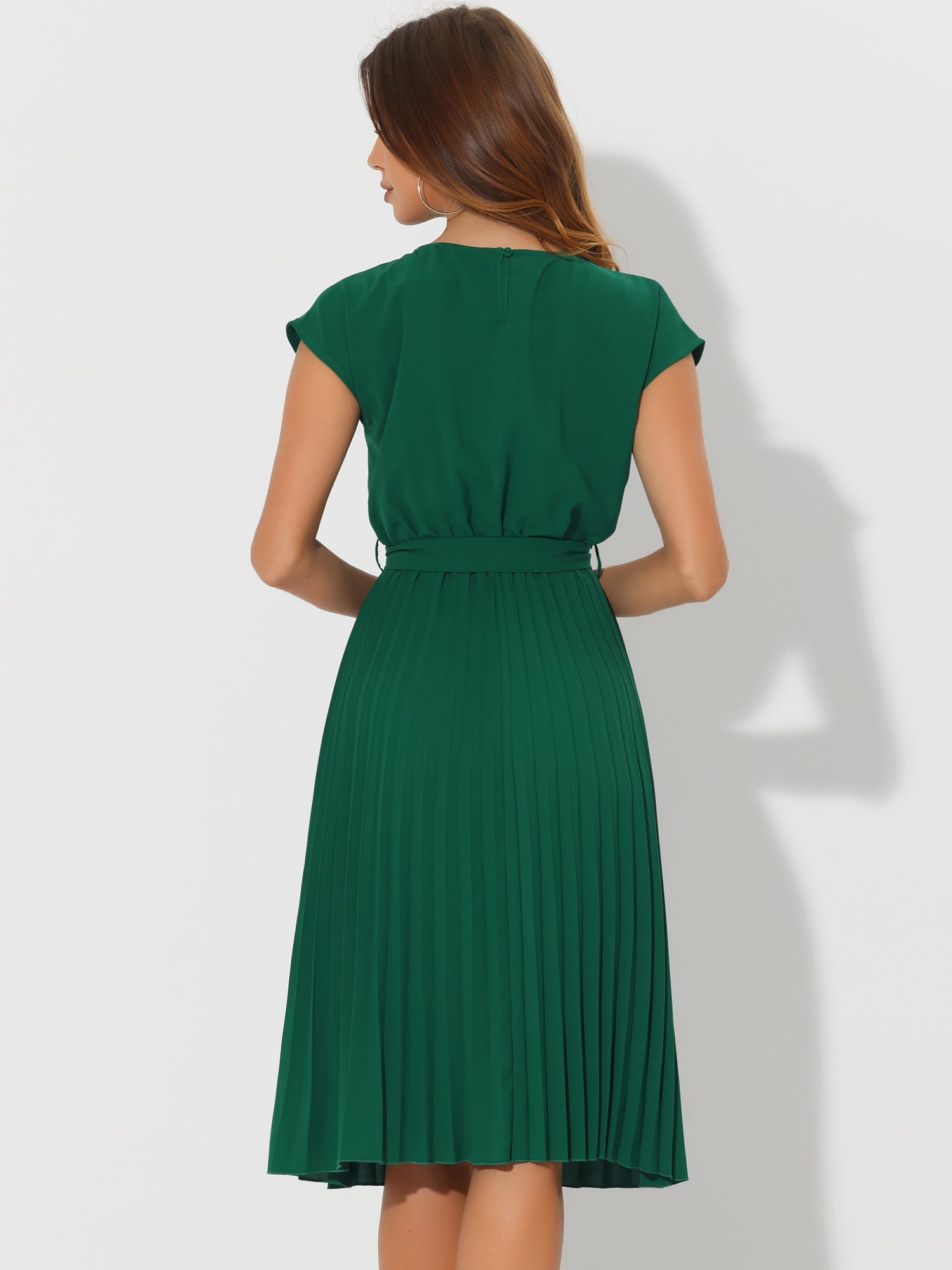 Crew Neck Sleeveless Tie Waist A-Line Pleated Dress