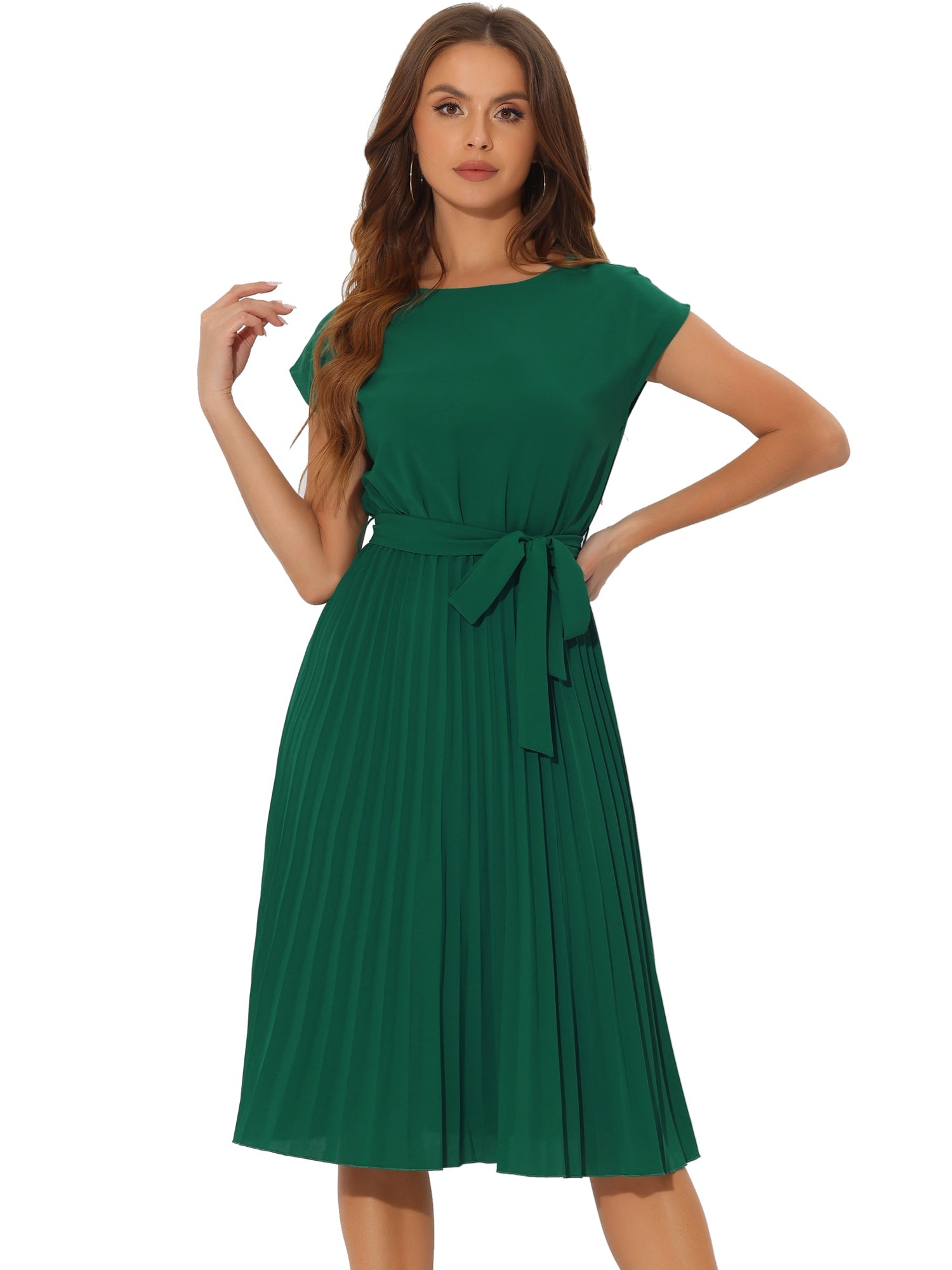 Crew Neck Sleeveless Tie Waist A-Line Pleated Dress