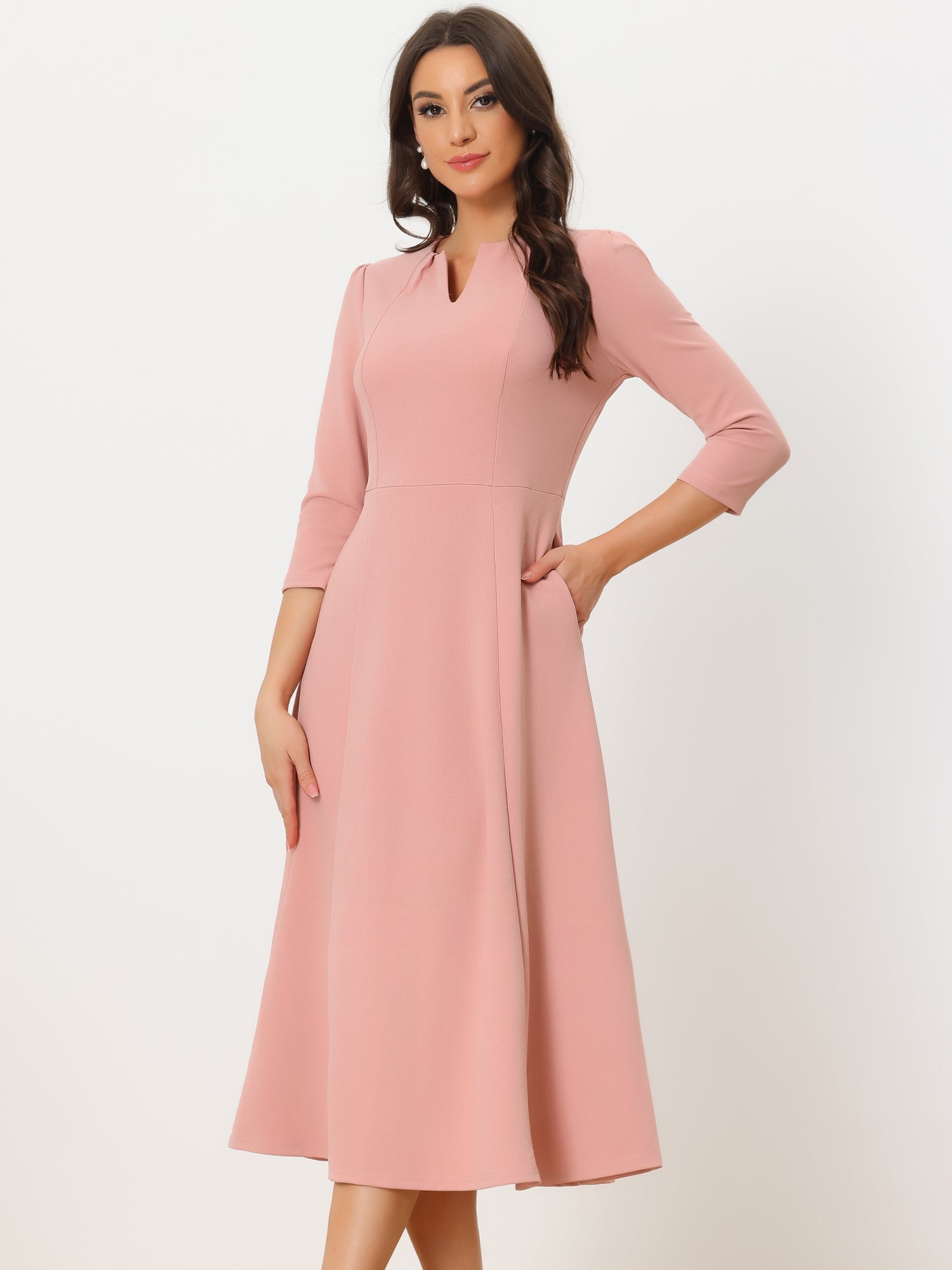 Notch Neck Pocketed 3/4 Sleeve Solid A-Line Work Dress