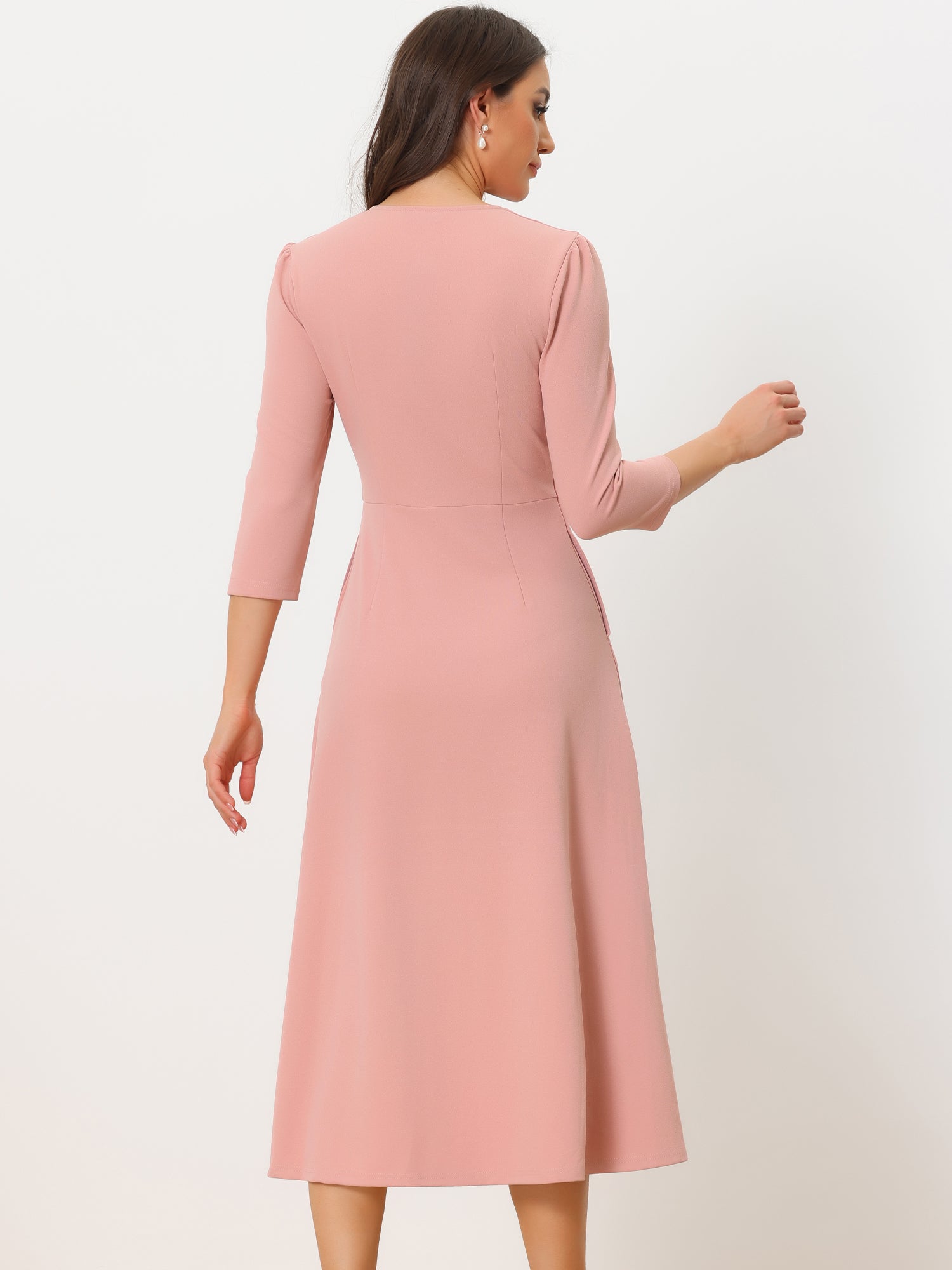 Notch Neck Pocketed 3/4 Sleeve Solid A-Line Work Dress