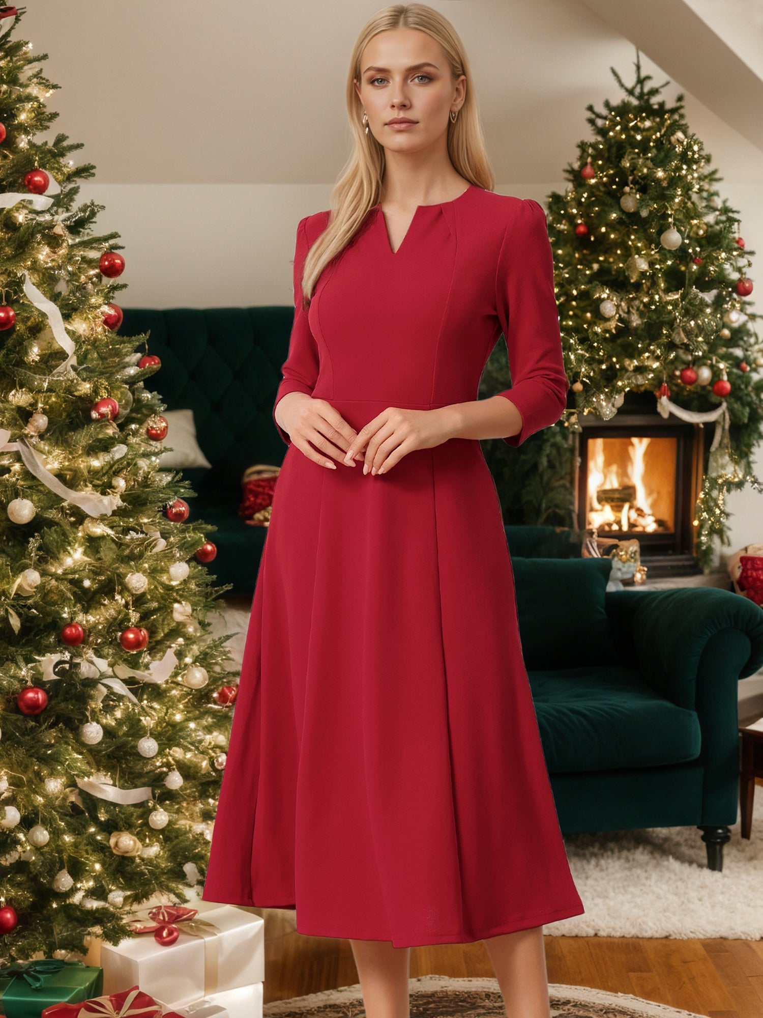 Notch Neck Pocketed 3/4 Sleeve Solid A-Line Work Dress