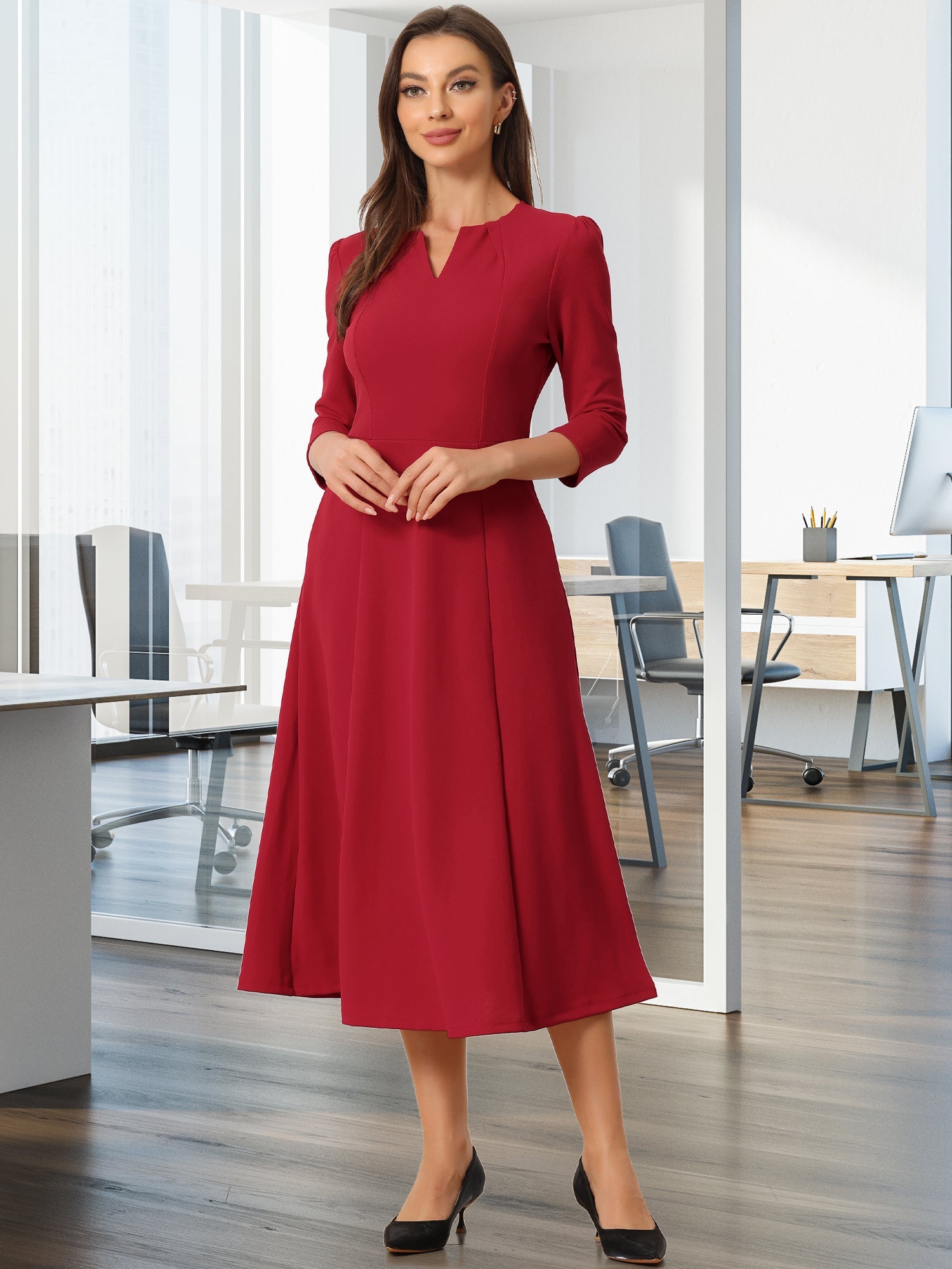 Notch Neck Pocketed 3/4 Sleeve Solid A-Line Work Dress