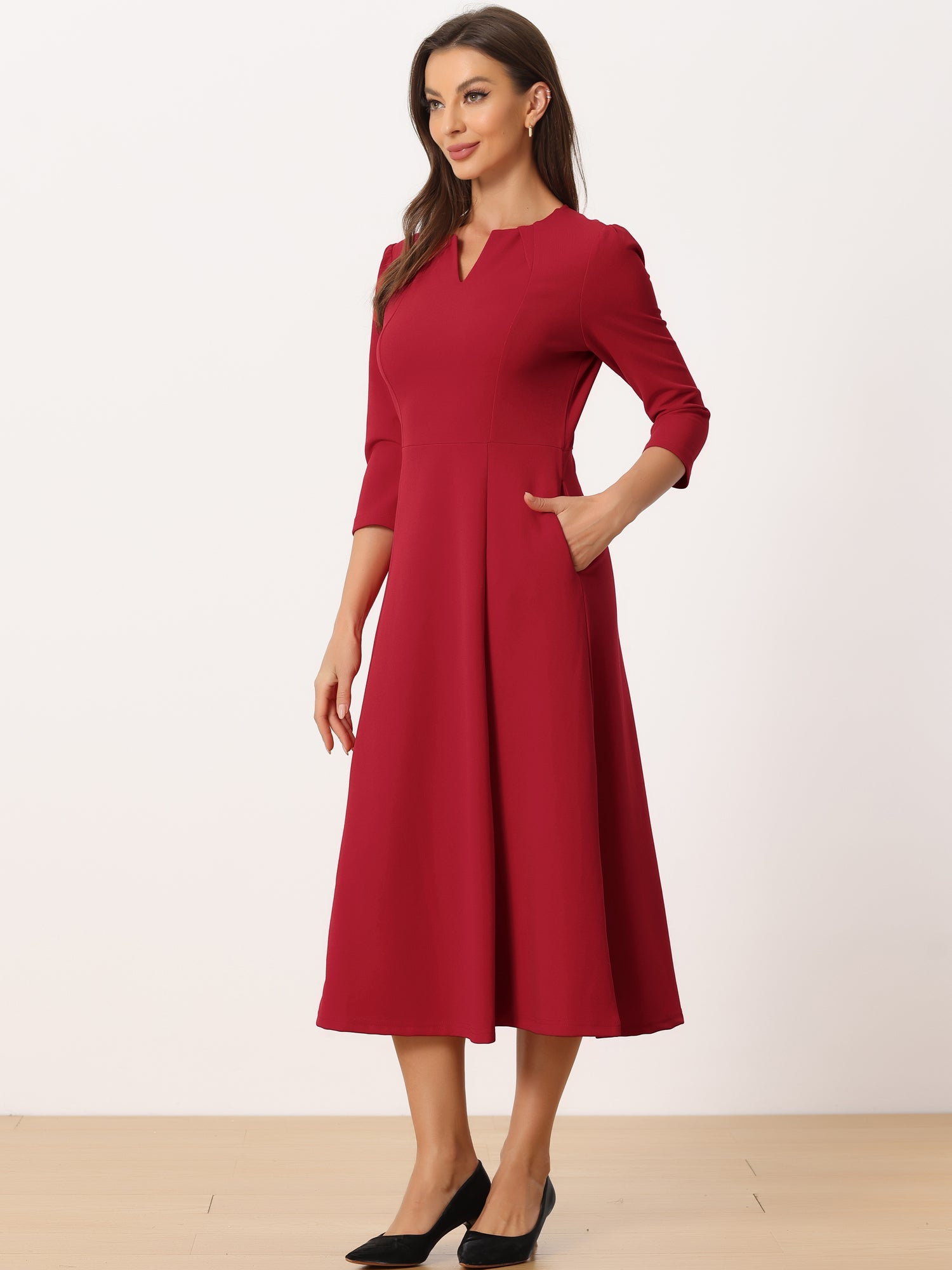 Notch Neck Pocketed 3/4 Sleeve Solid A-Line Work Dress