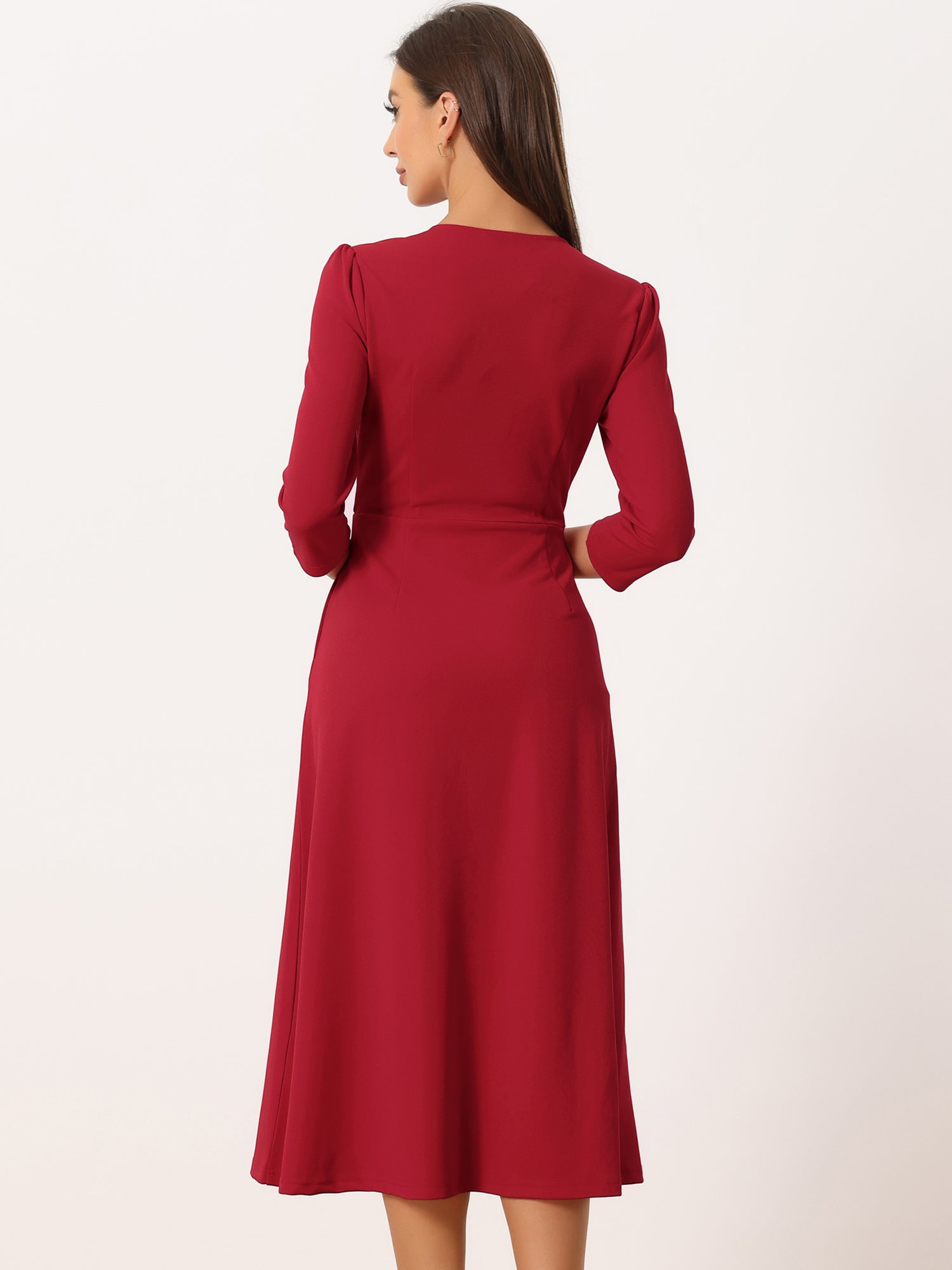 Notch Neck Pocketed 3/4 Sleeve Solid A-Line Work Dress