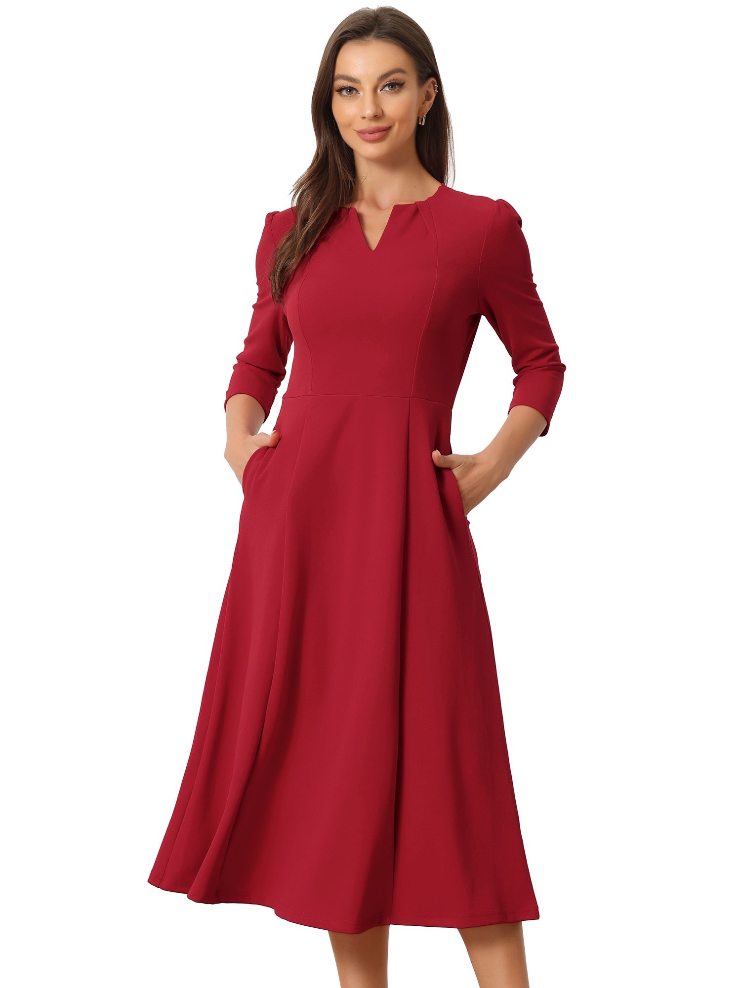 Notch Neck Pocketed 3/4 Sleeve Solid A-Line Work Dress