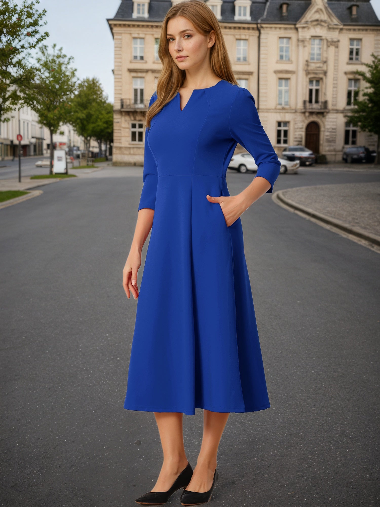 Notch Neck Pocketed 3/4 Sleeve Solid A-Line Work Dress