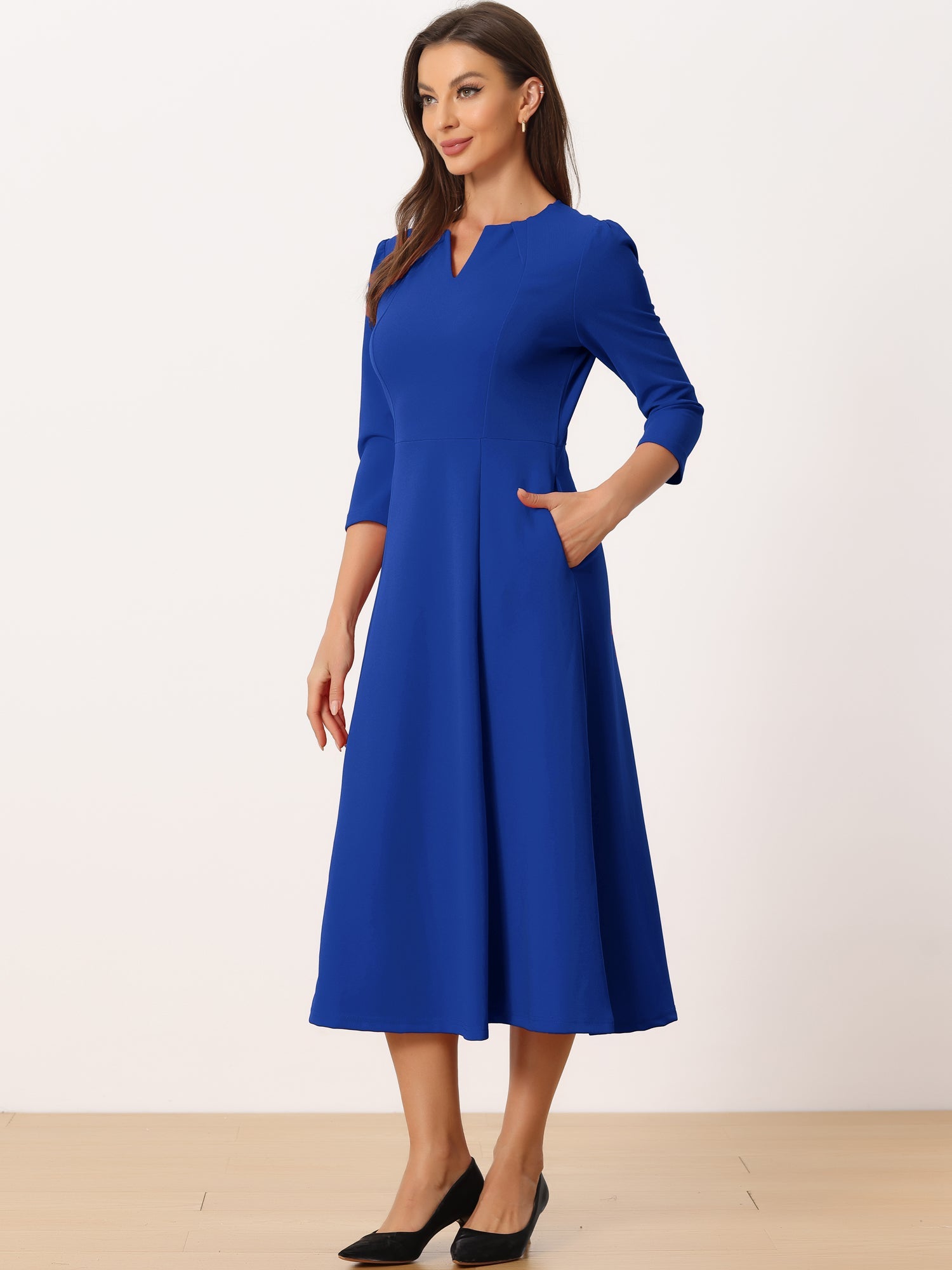 Notch Neck Pocketed 3/4 Sleeve Solid A-Line Work Dress