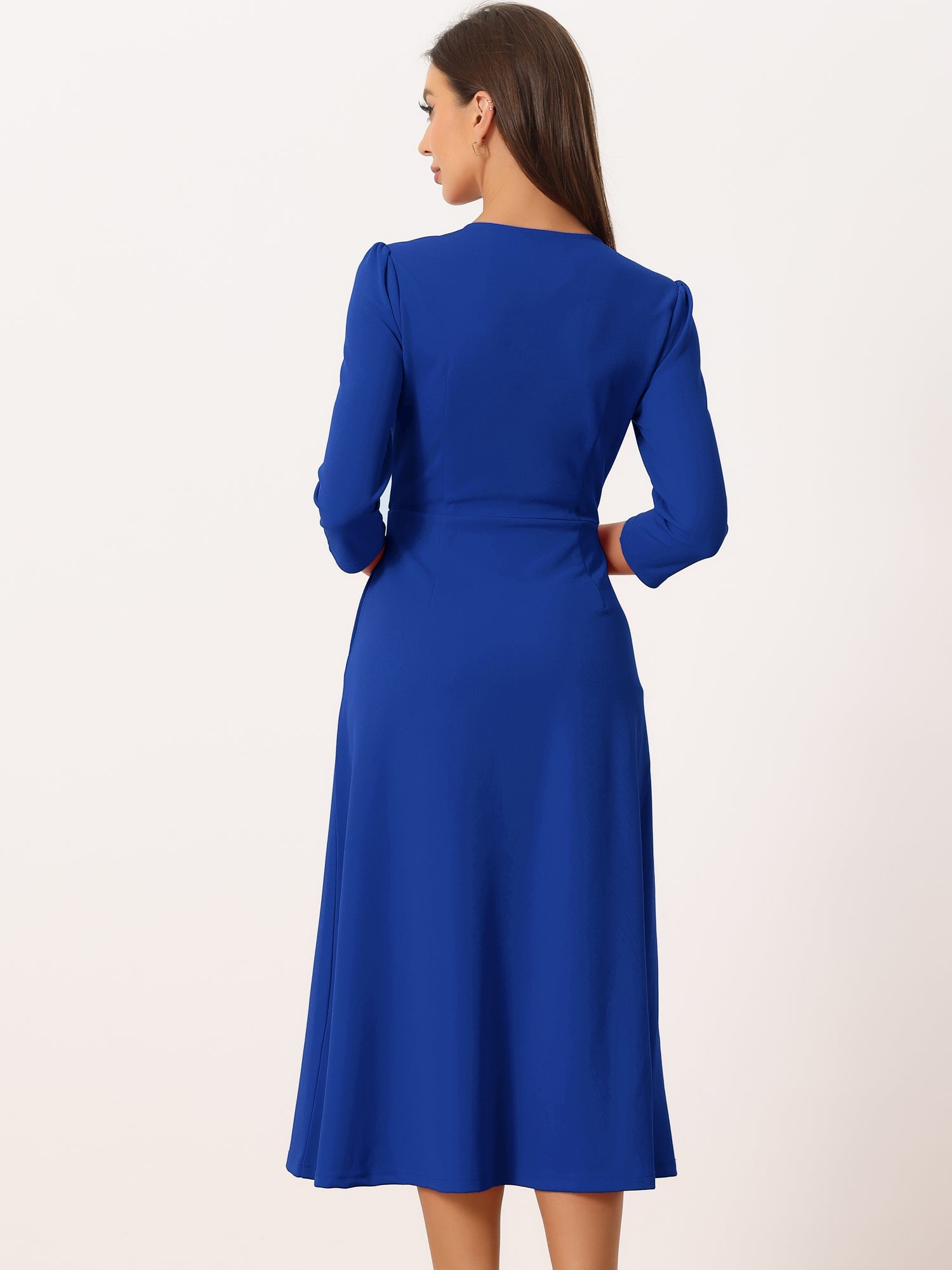 Notch Neck Pocketed 3/4 Sleeve Solid A-Line Work Dress