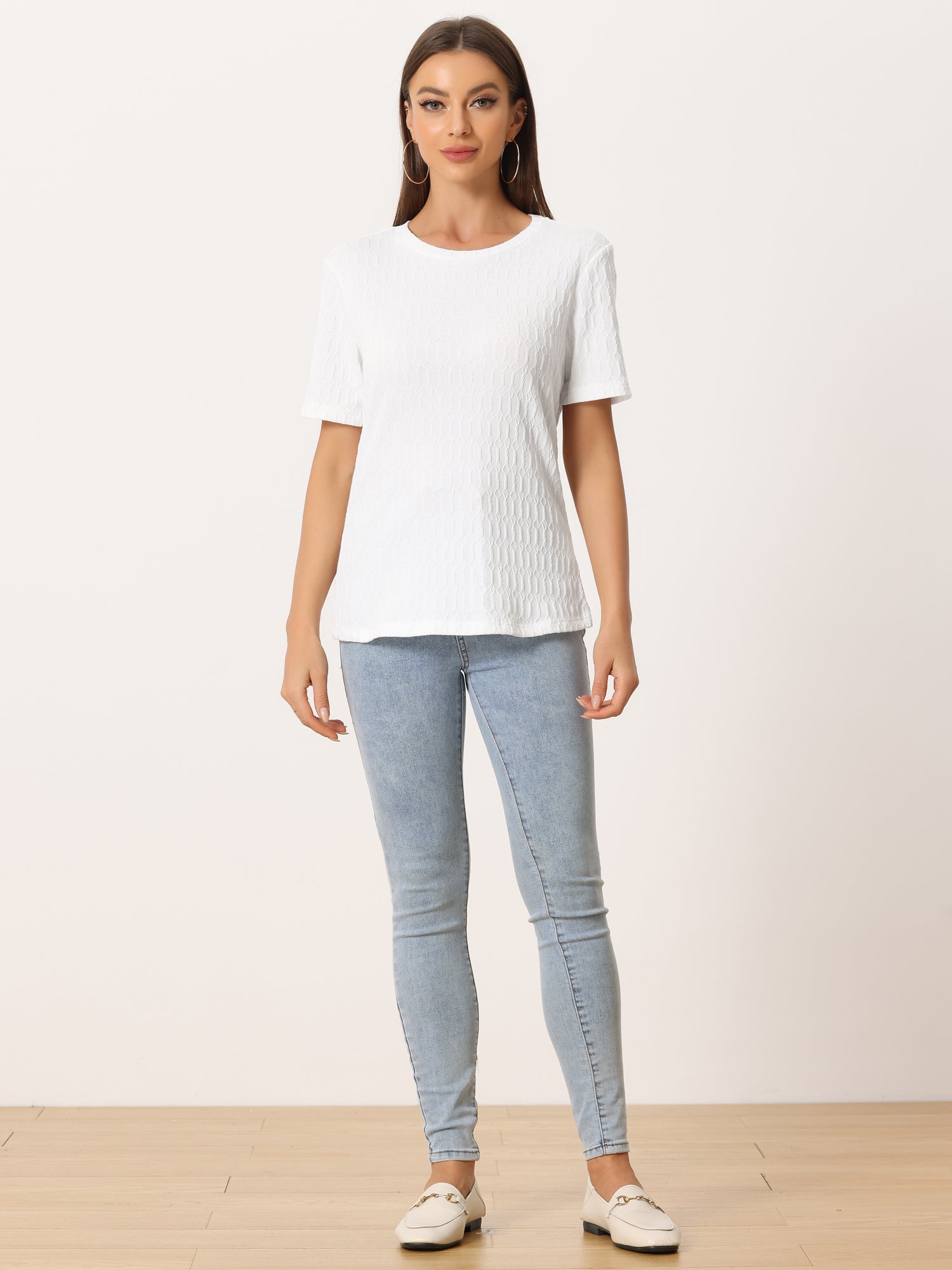 Casual Short Sleeves Round Neck Basic Textured Blouse