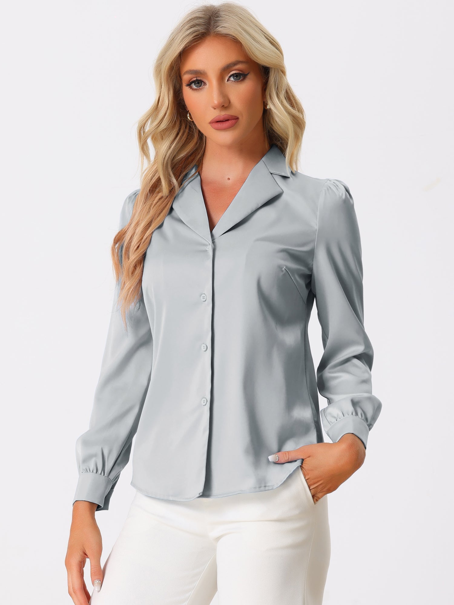 Elegant Collar Blouse Long Sleeve Work Office Satin Button Down Shirt