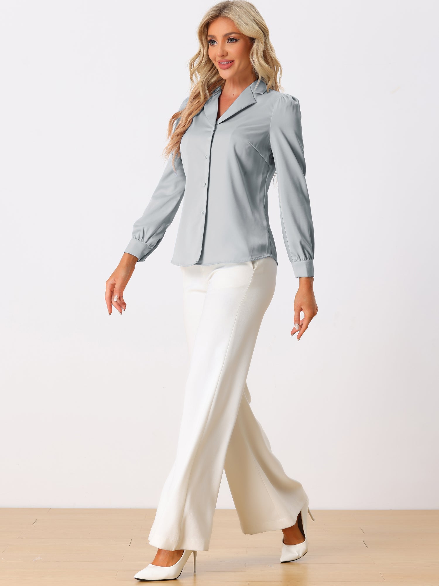 Elegant Collar Blouse Long Sleeve Work Office Satin Button Down Shirt